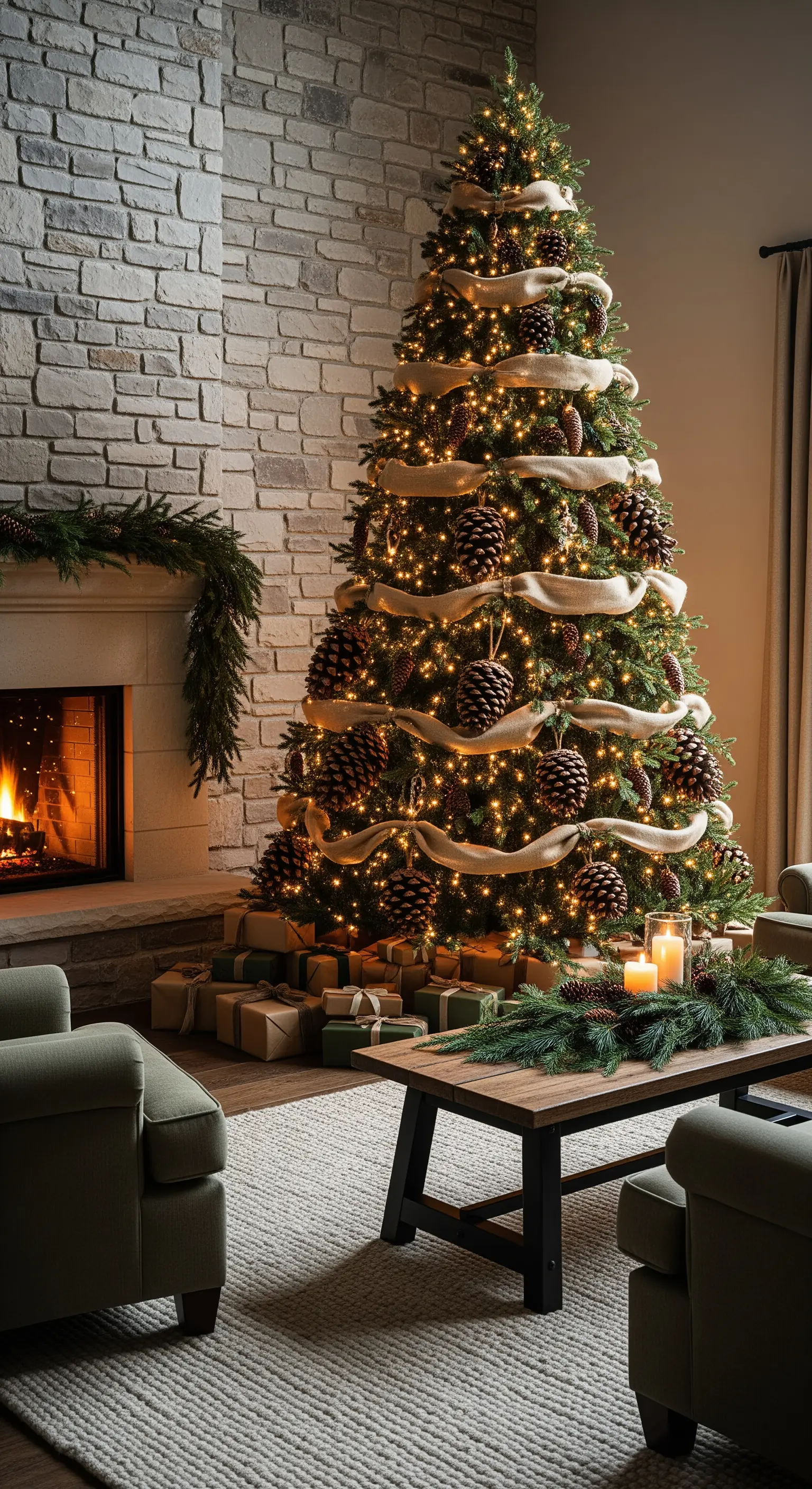 Rustikaler Weihnachtsbaum mit Kiefernzapfen, Leinenband, warmen Lichtern, Kamin.