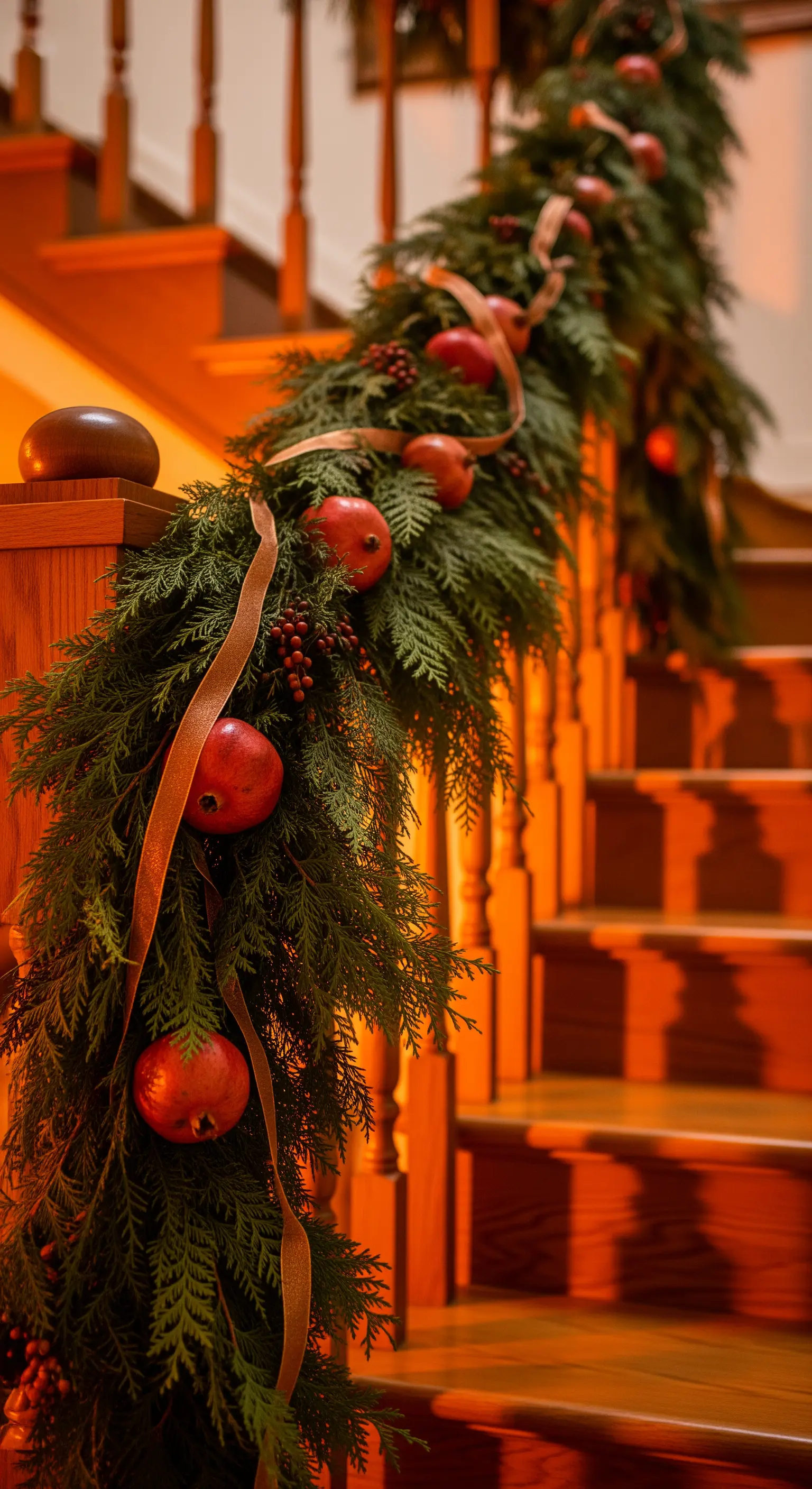 Tannengirlande mit roten Granatäpfeln und Beeren an Holztreppe.