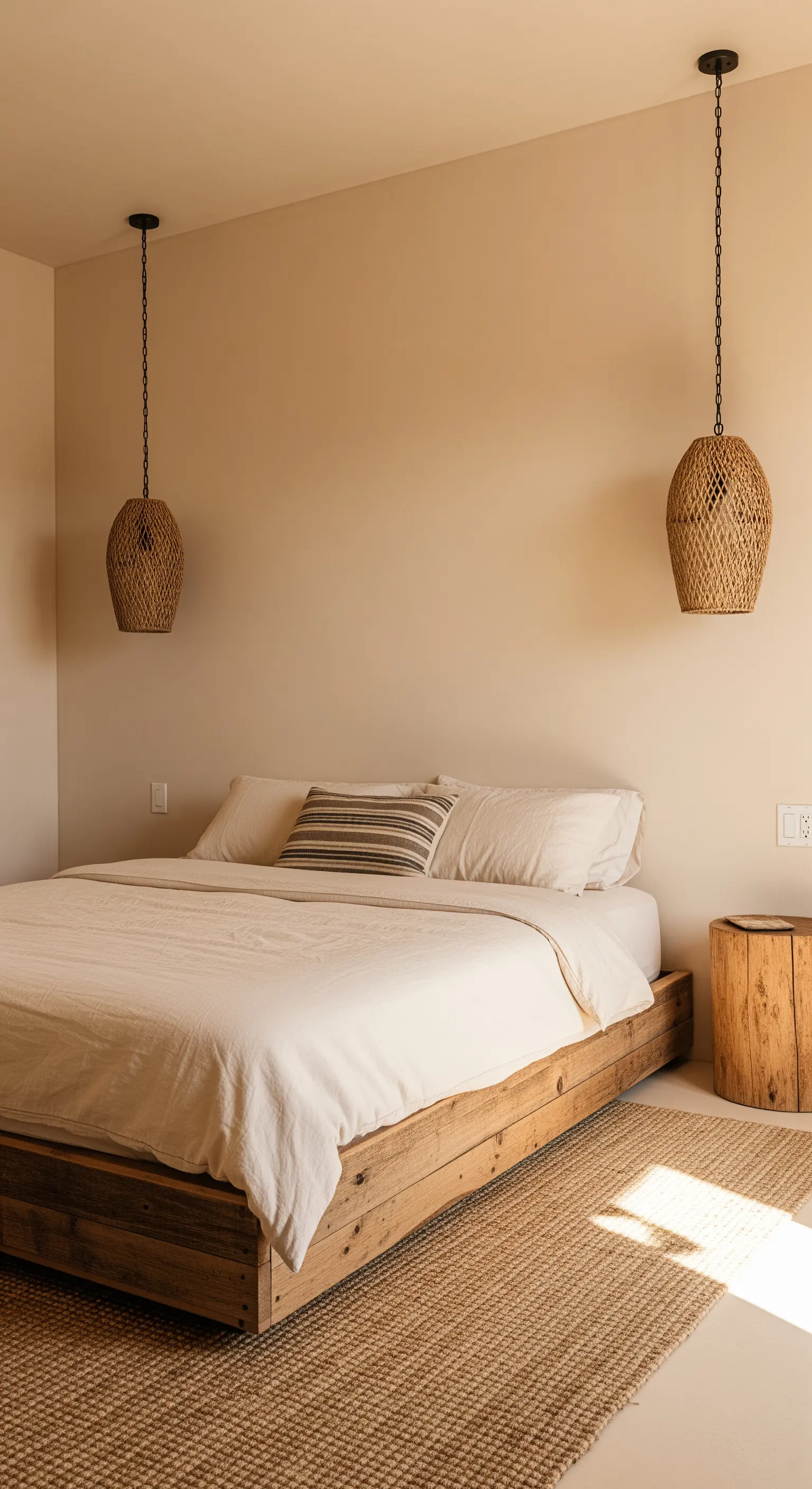 Rustikales Holzbett mit Hängelampen aus Korbgeflecht und einem Juteteppich.