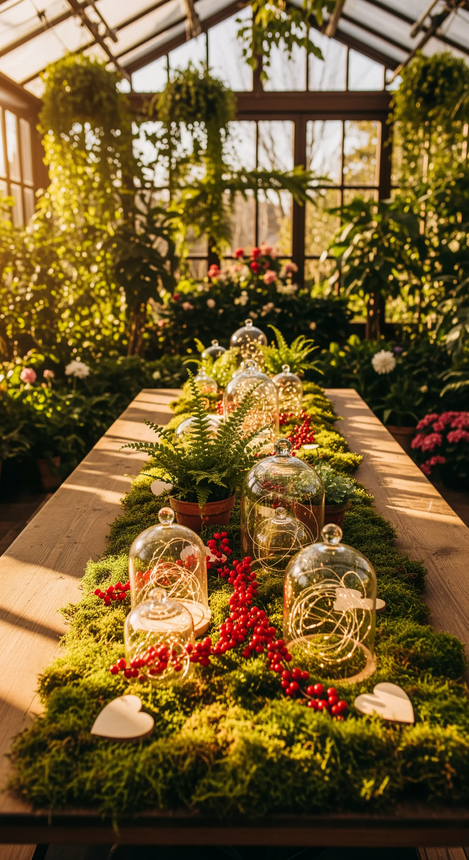 Tischdekoration mit Moos, Lichterketten in Glasglocken, Farnen und roten Beeren im Gewächshaus