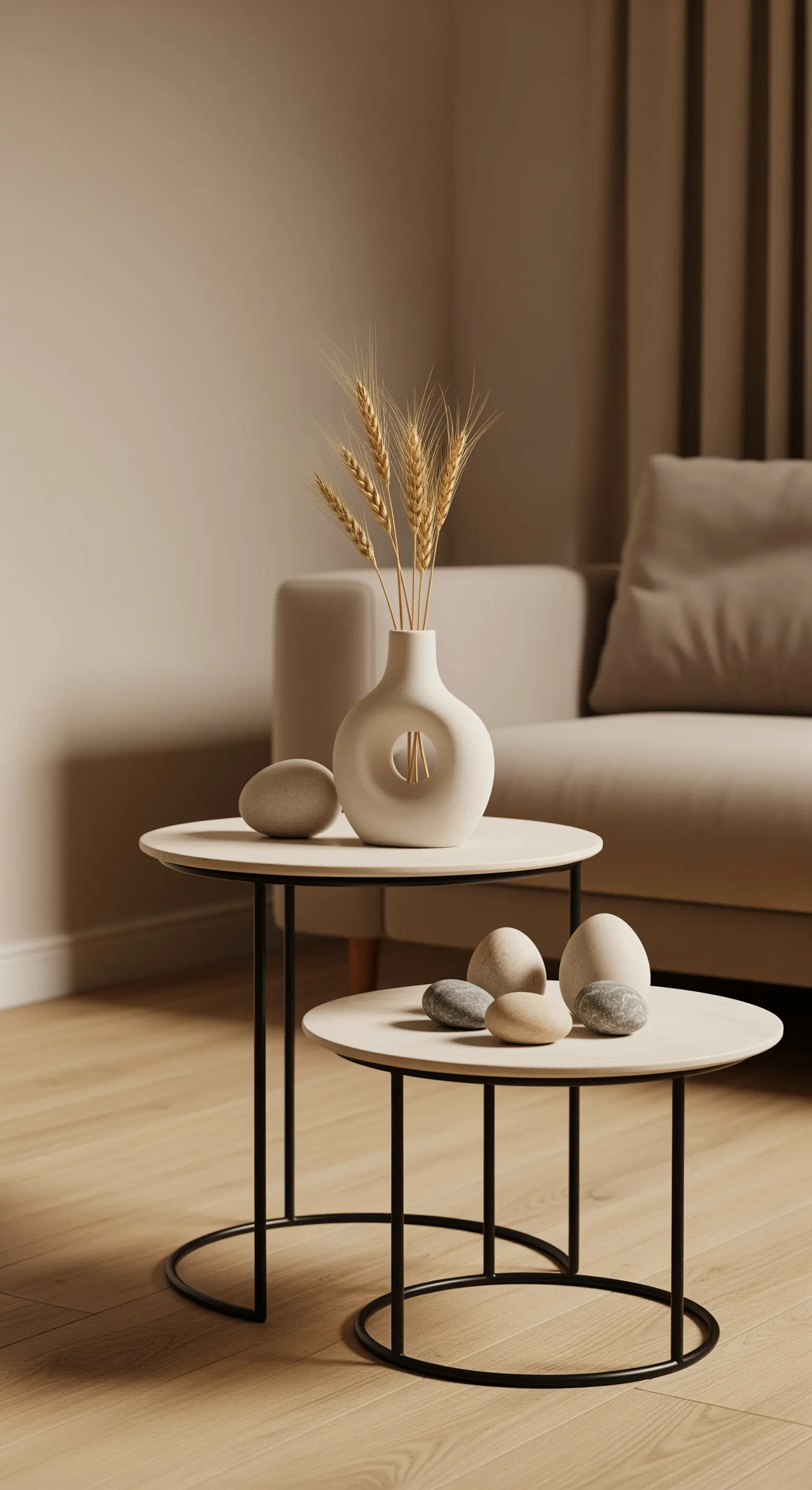 Getreideähren in einer weißen Vase und steinfarbene Eier auf Satztischen.