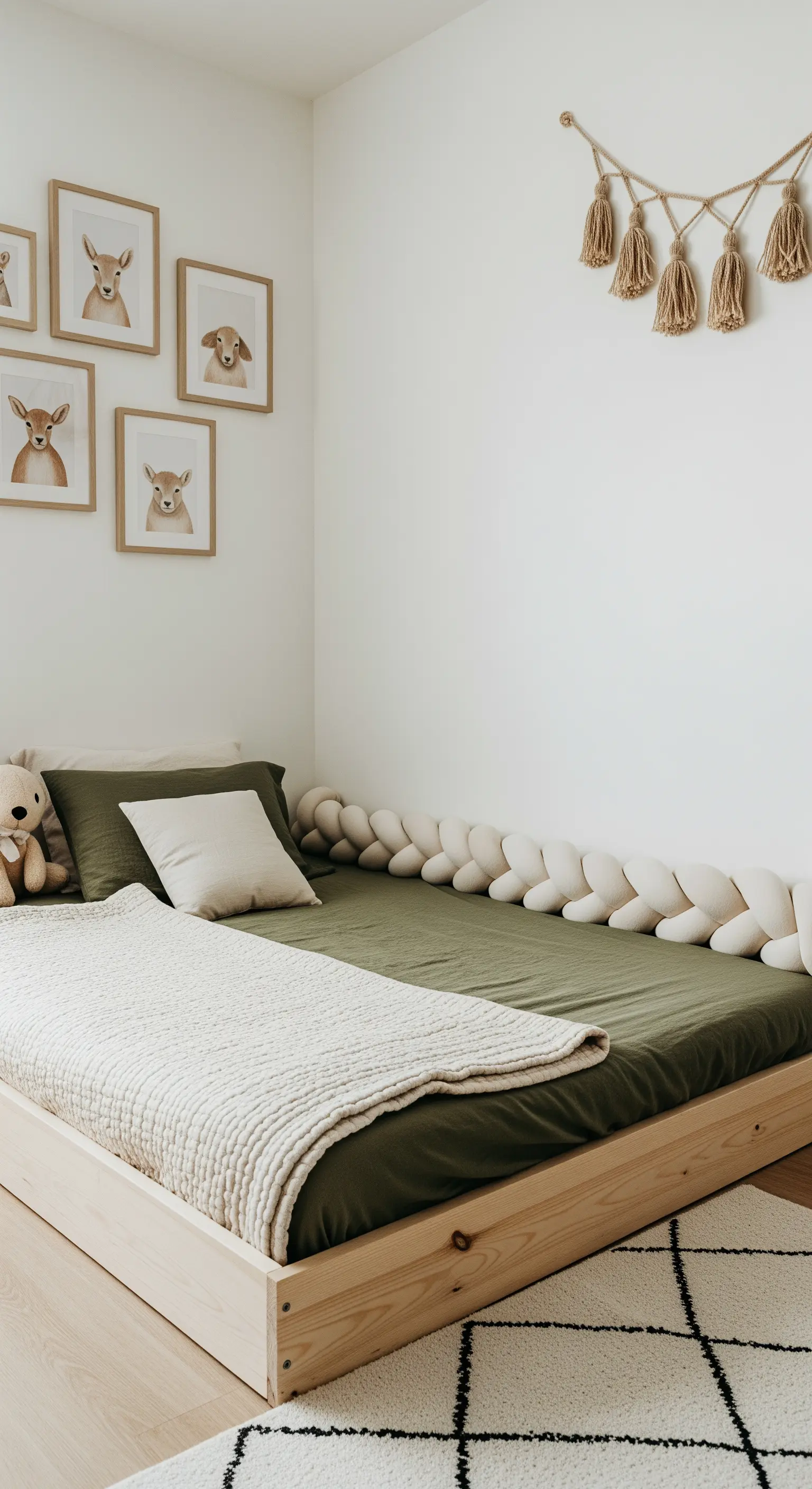 Bodentiefes Kinderbett mit olivgrüner Bettwäsche und geflochtener Bettumrandung.