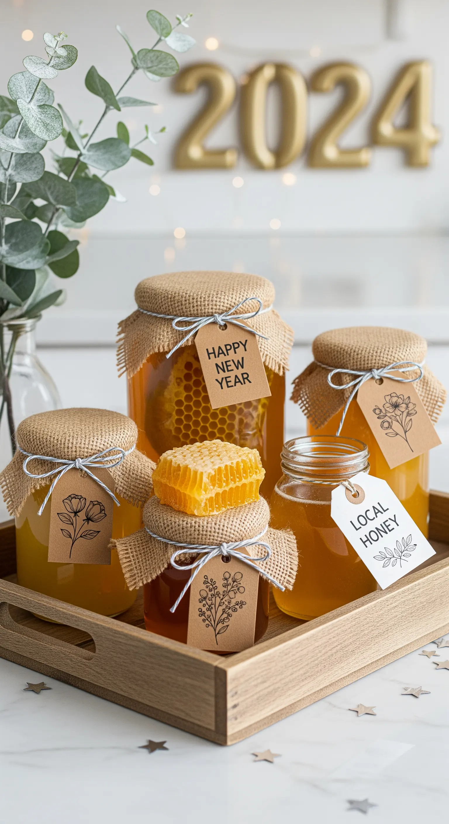 Honiggläser mit Jute und Kraftpapier-Anhängern auf Holztablett, dekoriert mit Honigwaben und
