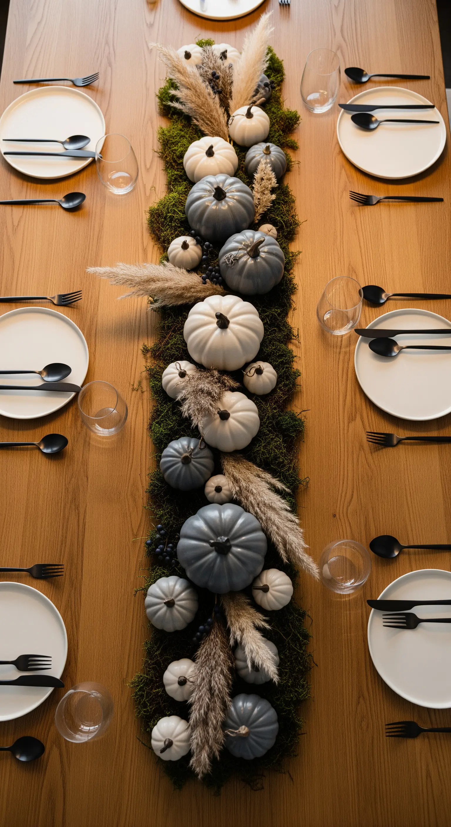 Esstisch mit Moosläufer, grauen und weißen Keramikkürbissen, Pampasgras und schwarzem Besteck.