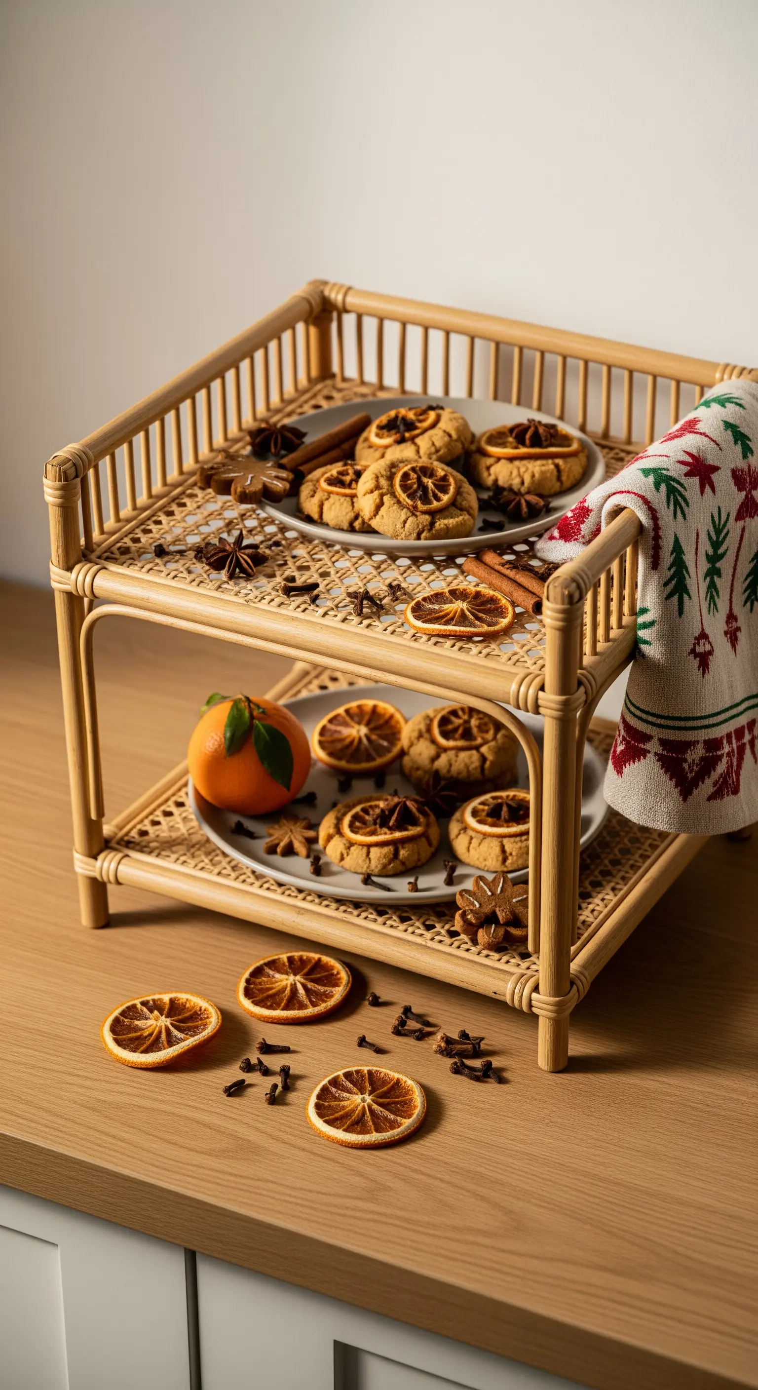 Rattan-Etagere mit Keksen, getrockneten Orangenscheiben und Gewürzen.