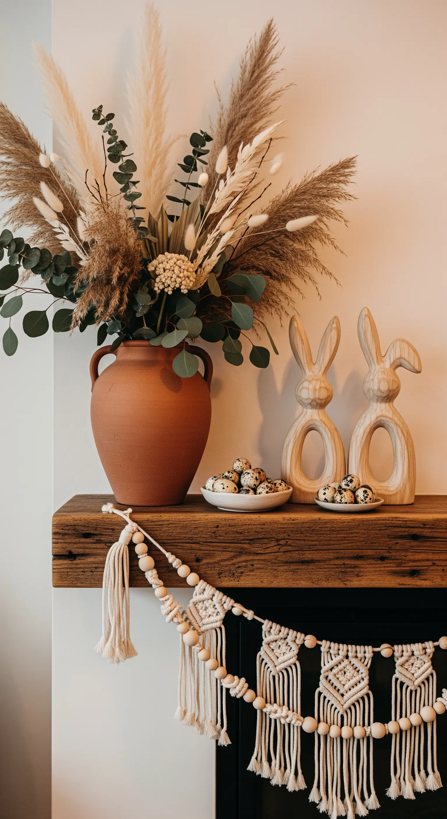Boho-Osterdeko auf einem Kaminsims mit Pampasgras und Holzelementen.