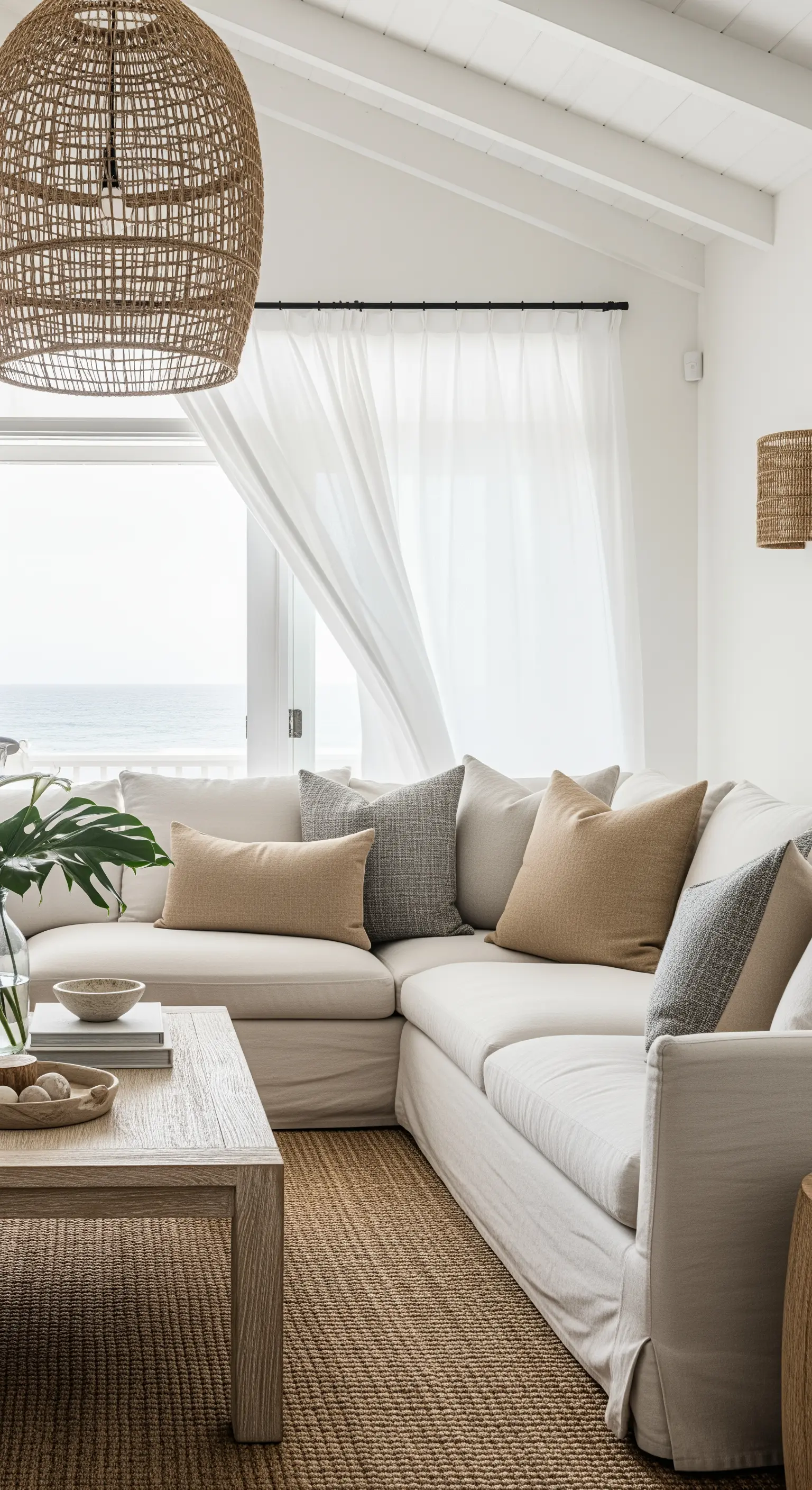 Wohnzimmer im Küstenstil mit Leinensofa, Jute-Teppich und einem großen Rattan-Lampenschirm.