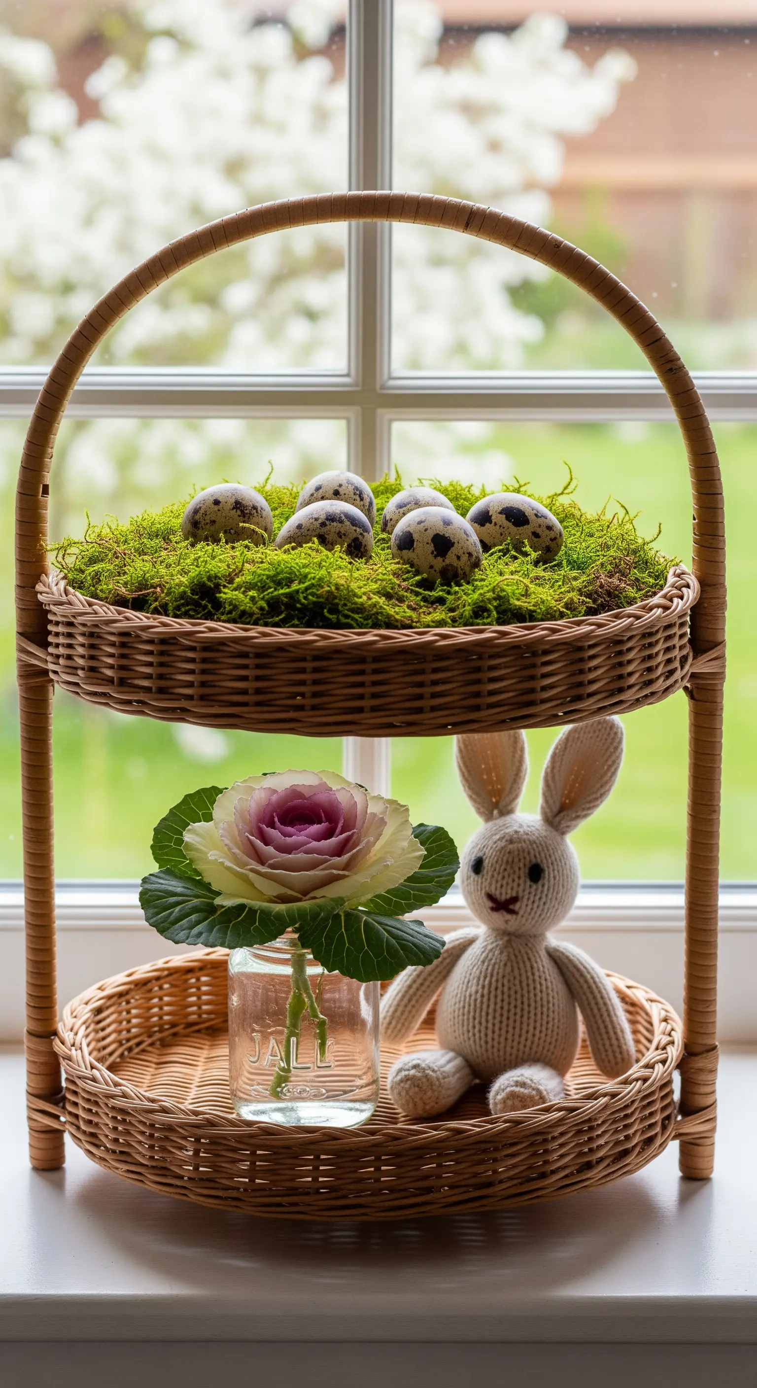 Rattan-Etagere mit Moosnest, Wachteleiern und einem Strickhasen