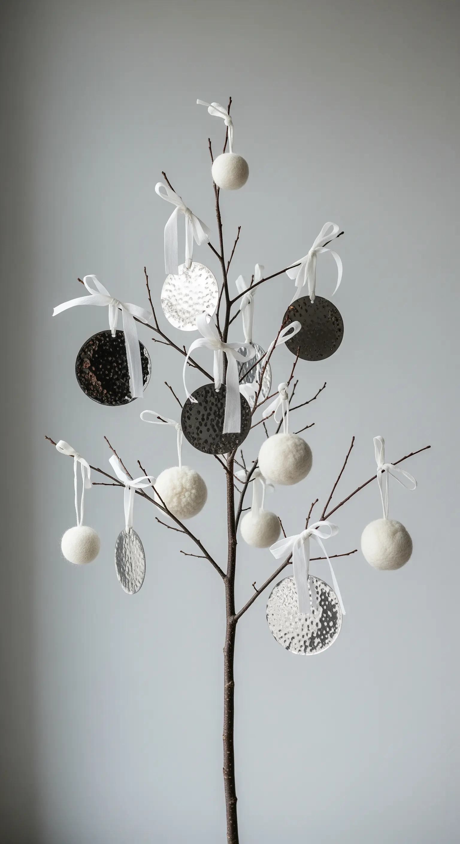 Astbaum mit weißen Filzkugeln und gehämmerten Silberscheiben als Deko.