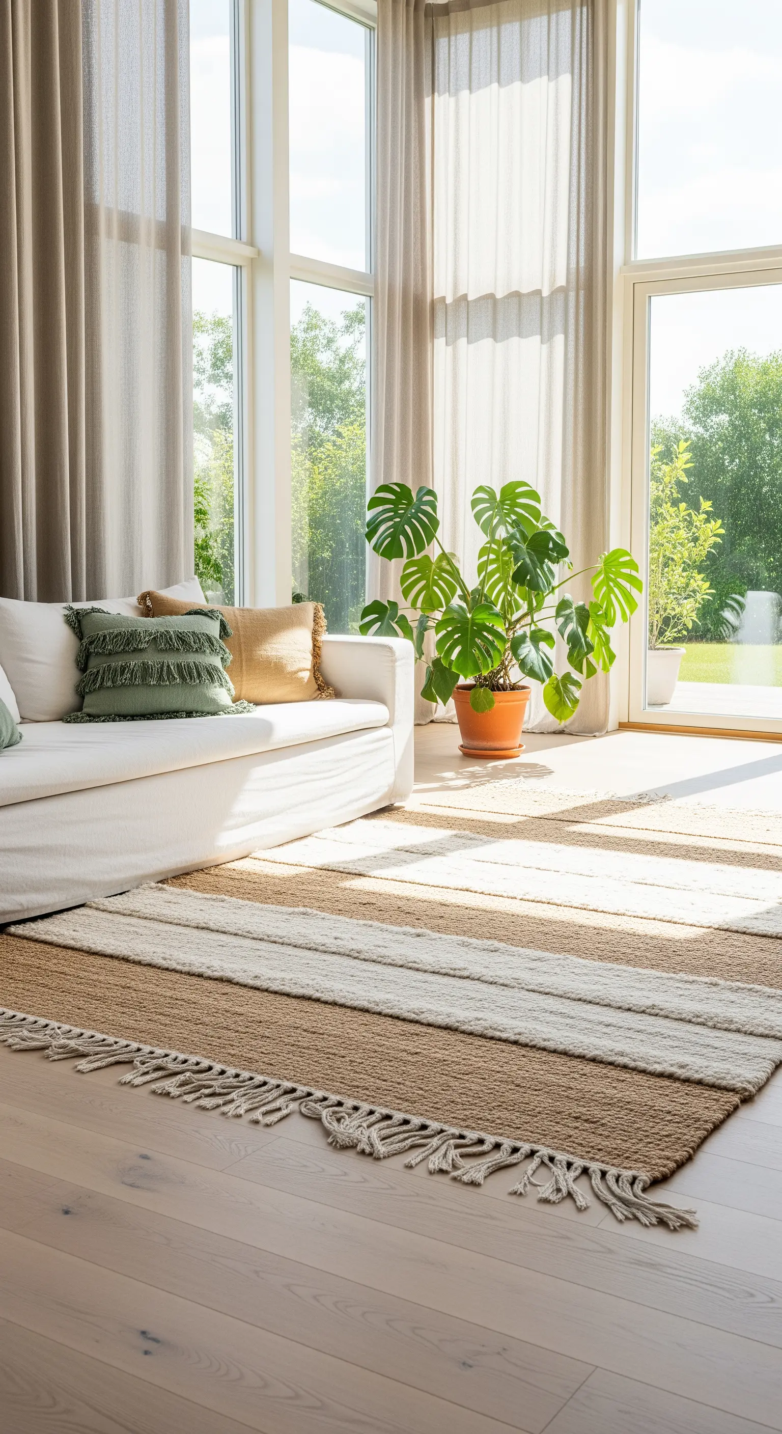 Jute-Teppich, grüne Akzente und natürliche Holzmöbel