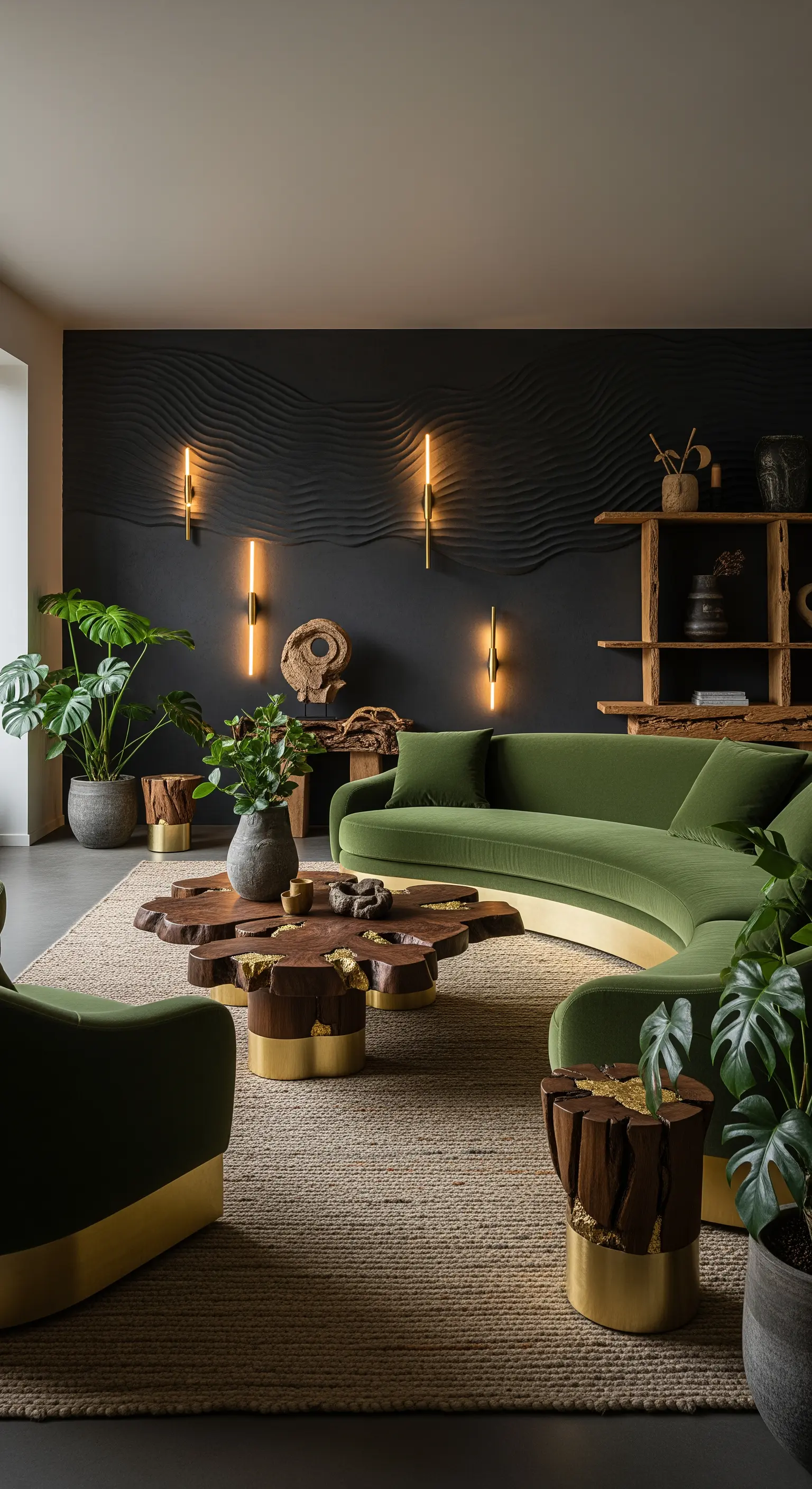 Organischer Holztisch, grünes Samtsofa, Zimmerpflanzen, strukturierte Wand