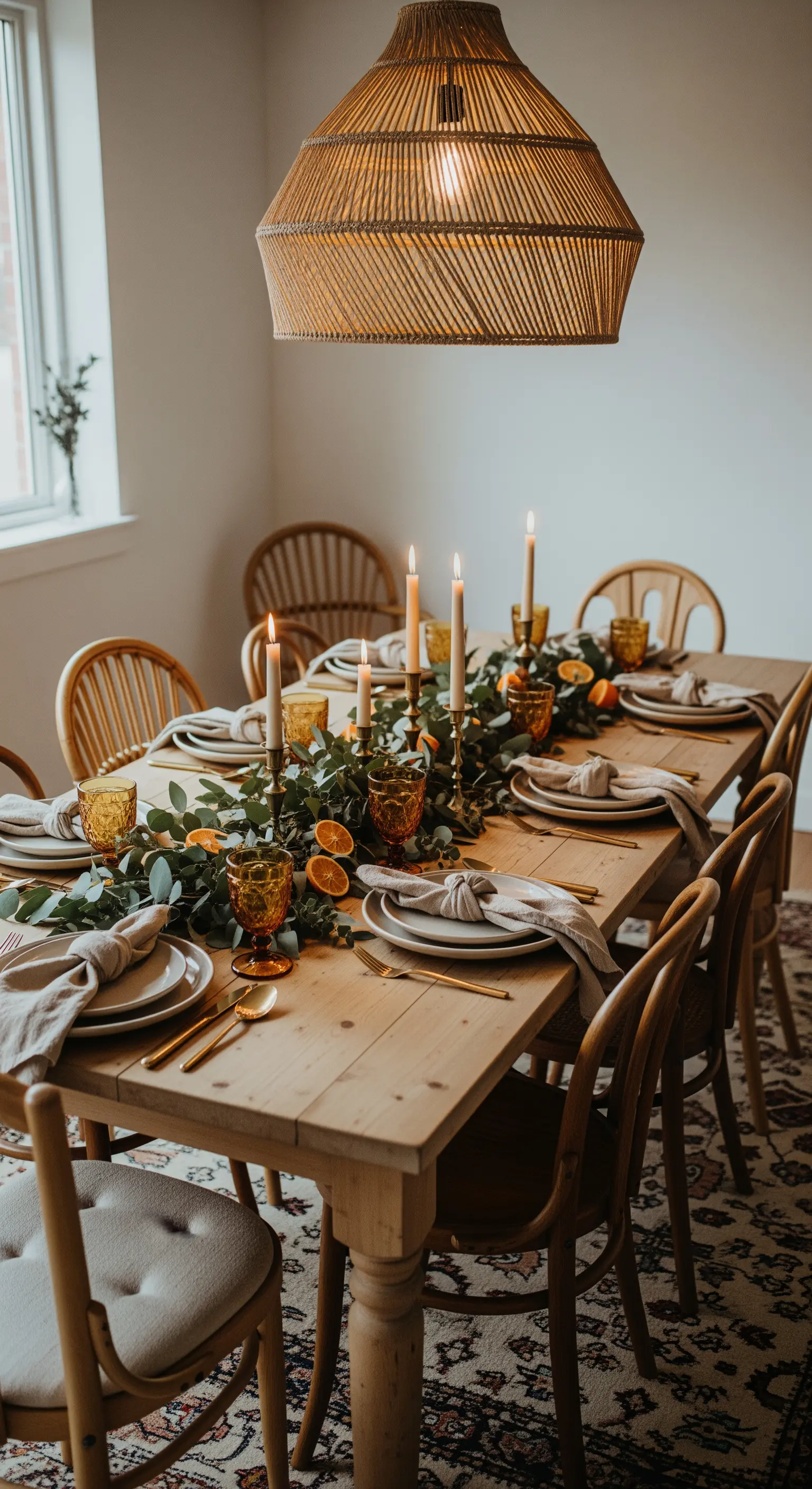 Festlich gedeckter Holztisch mit Eukalyptusgirlande, Orangen und hohen Kerzen