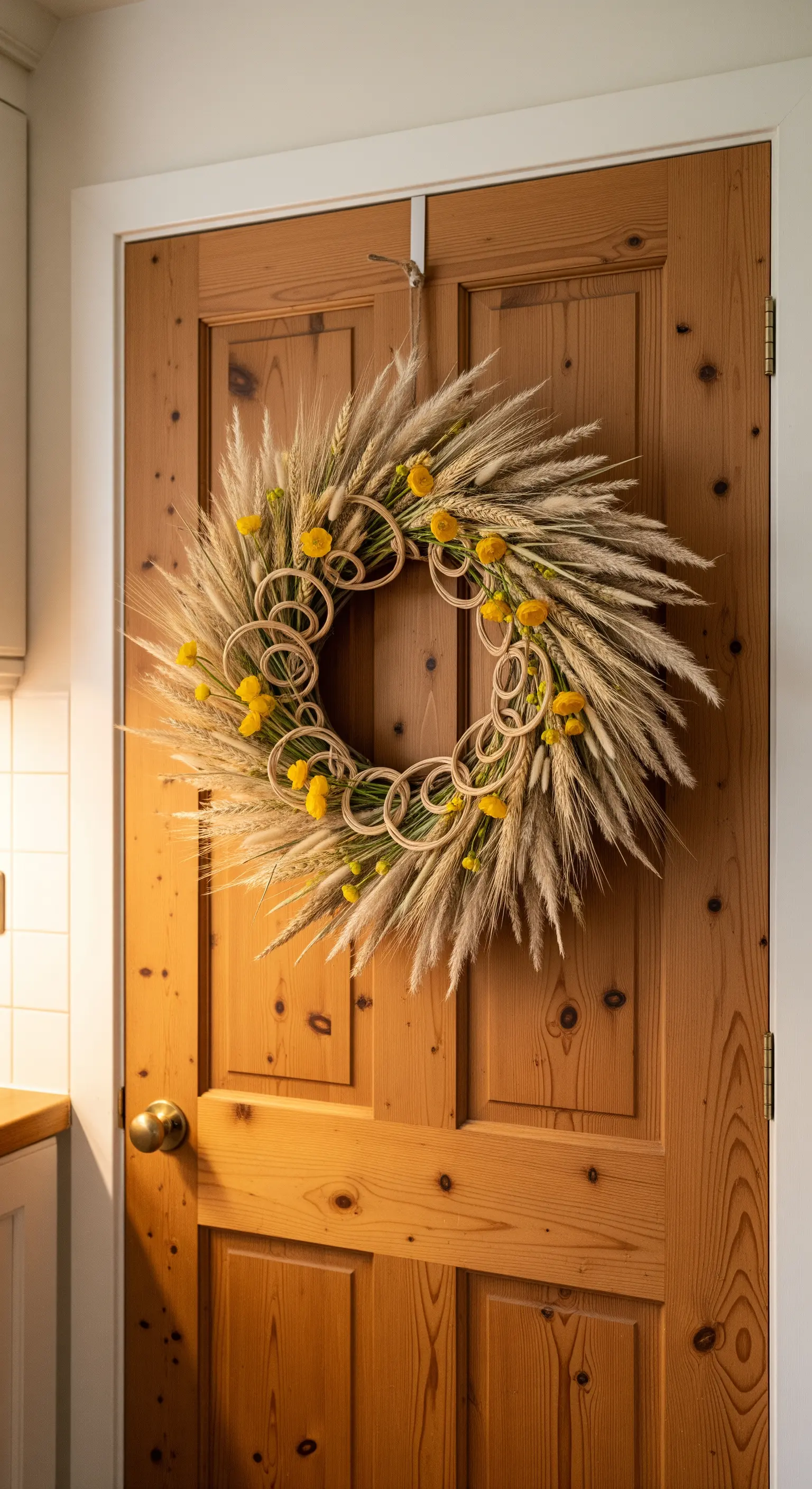 Türkranz aus Getreide und Mimosen an einer Holztür