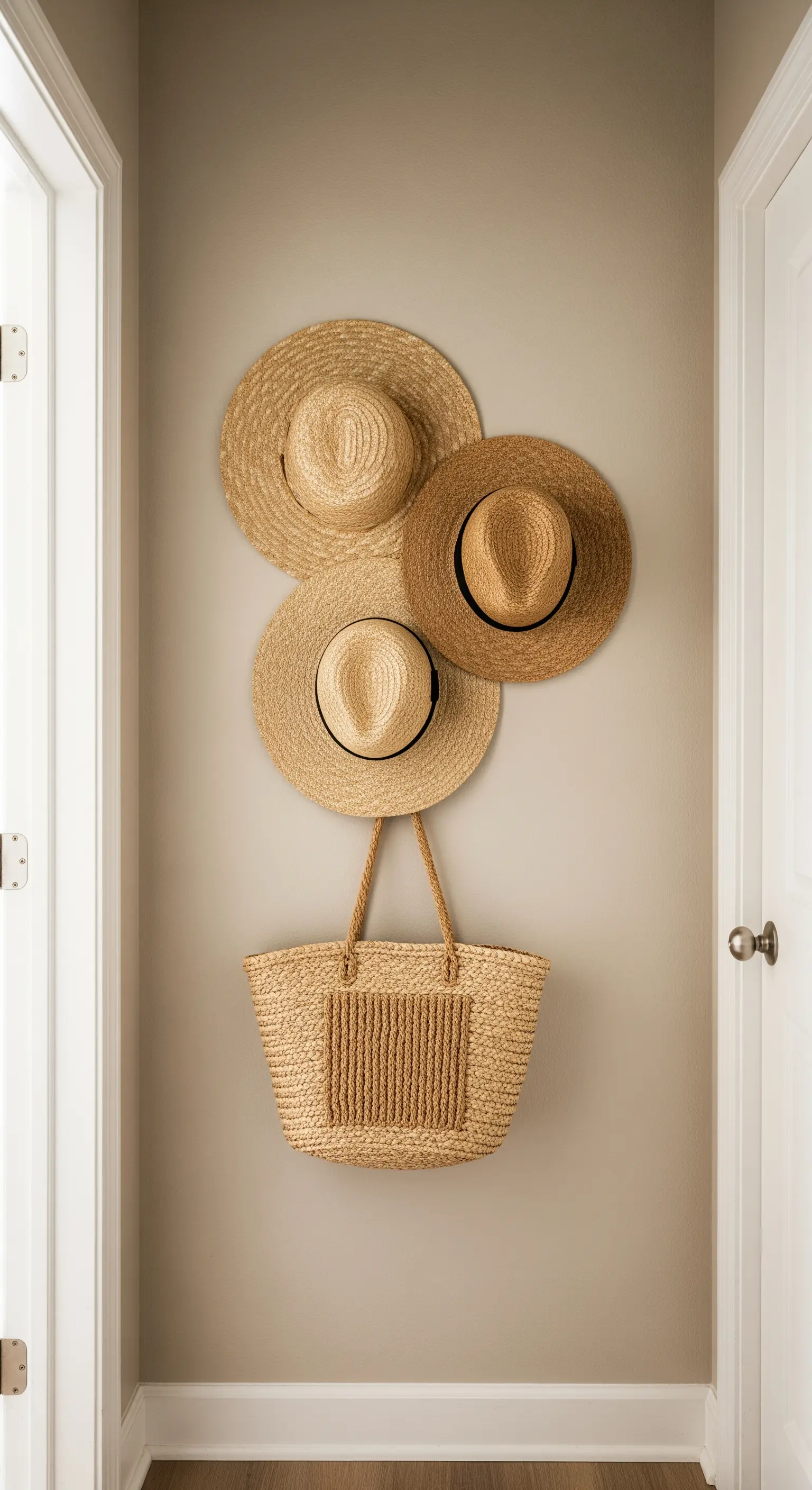 Drei Strohhüte und eine Strohtasche als Wanddekoration im Eingangsbereich.