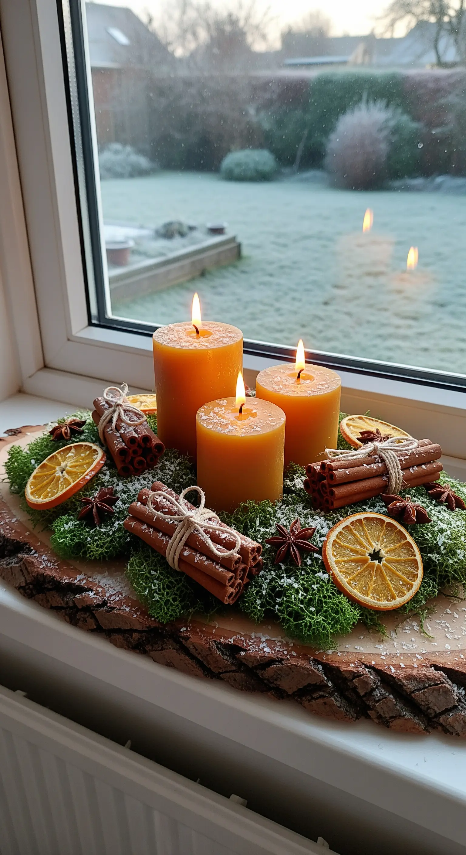 Bienenwachskerzen auf einer Holzscheibe mit Moos, Zimt und Orangenscheiben.