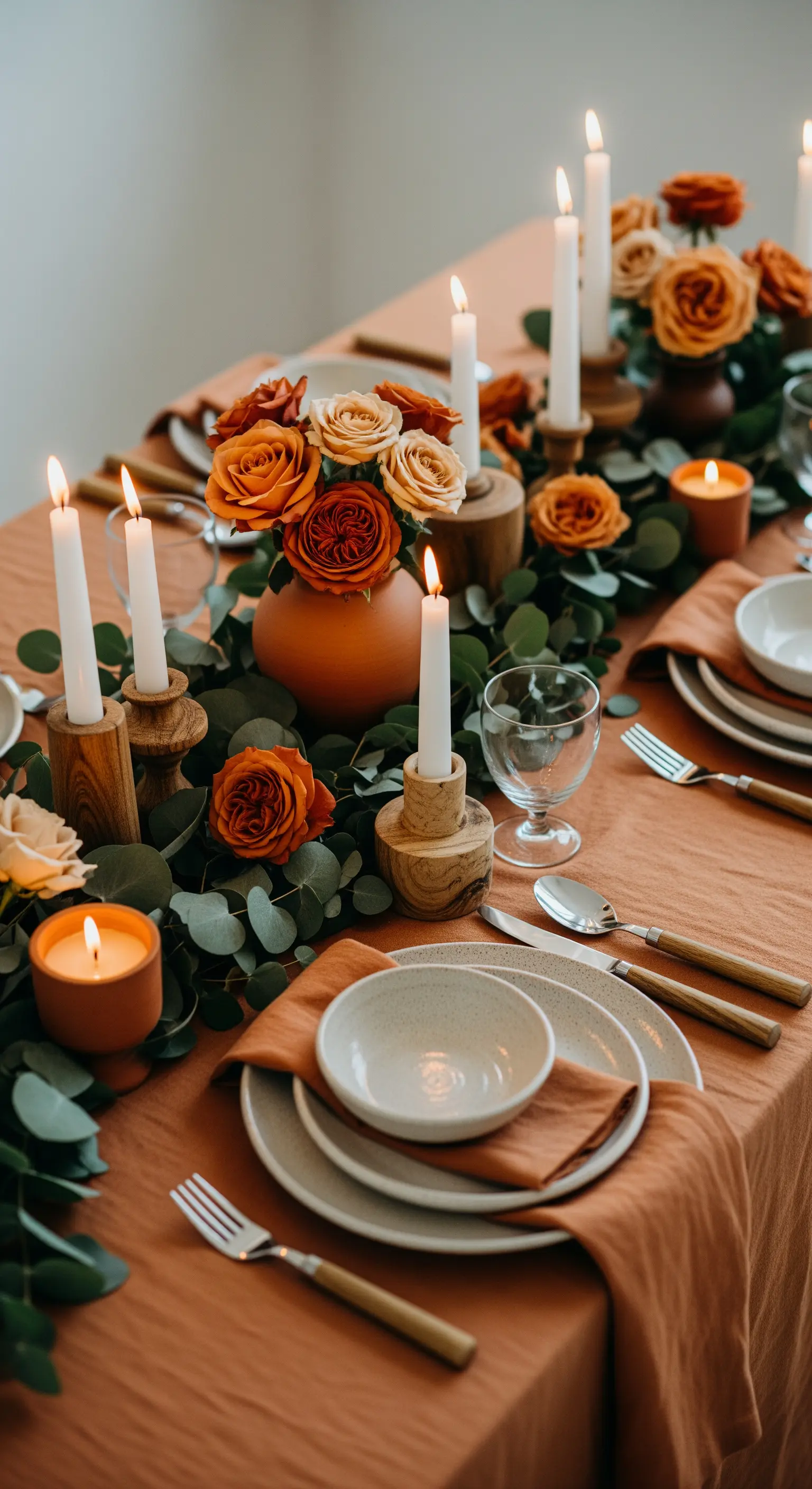 Tischdeko mit Eukalyptus-Girlande, orangefarbenen Rosen und Kerzen in Holzhaltern.