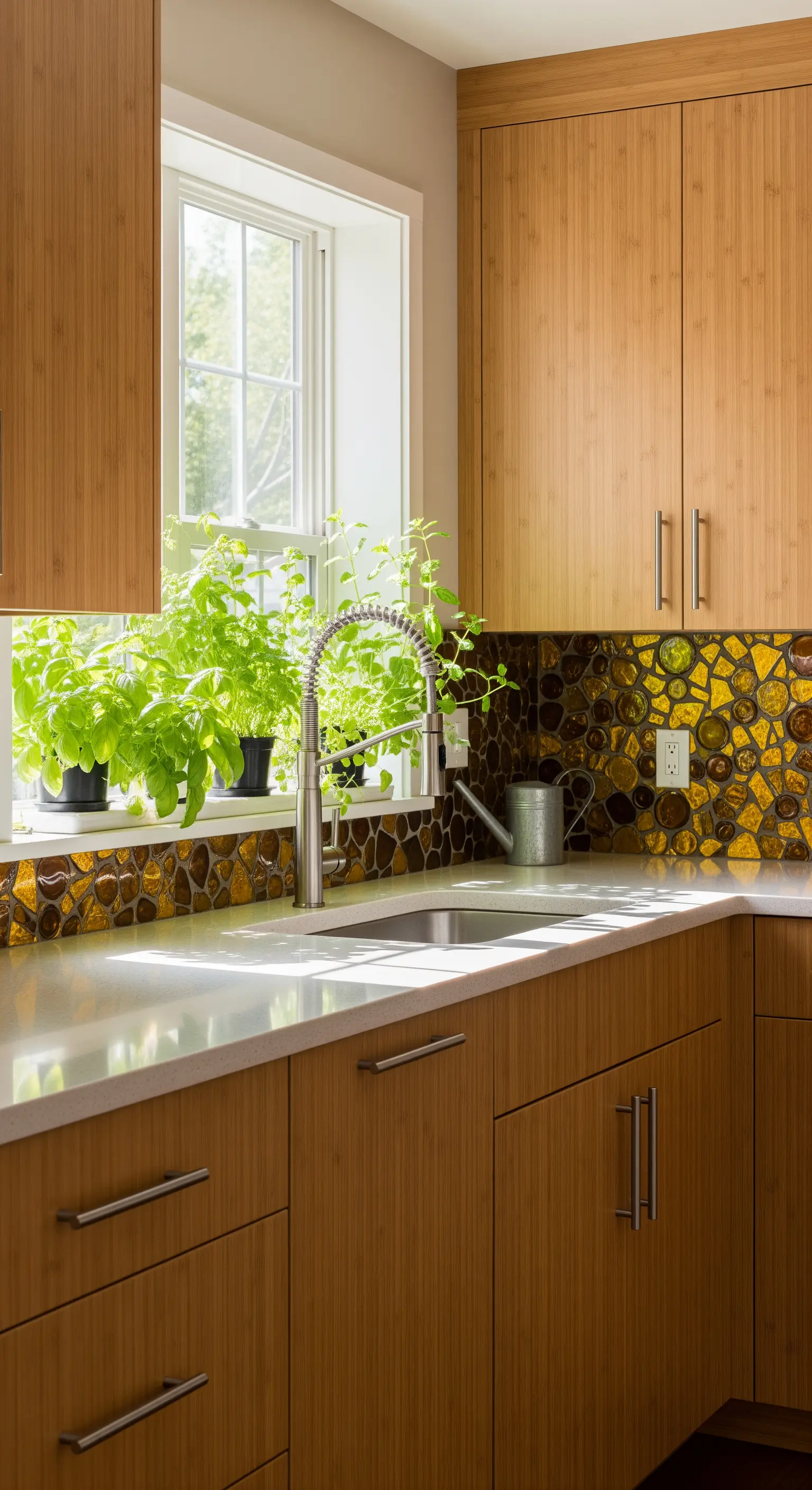 Bambusküche mit Mosaikfliesen und Kräutern auf der Fensterbank.