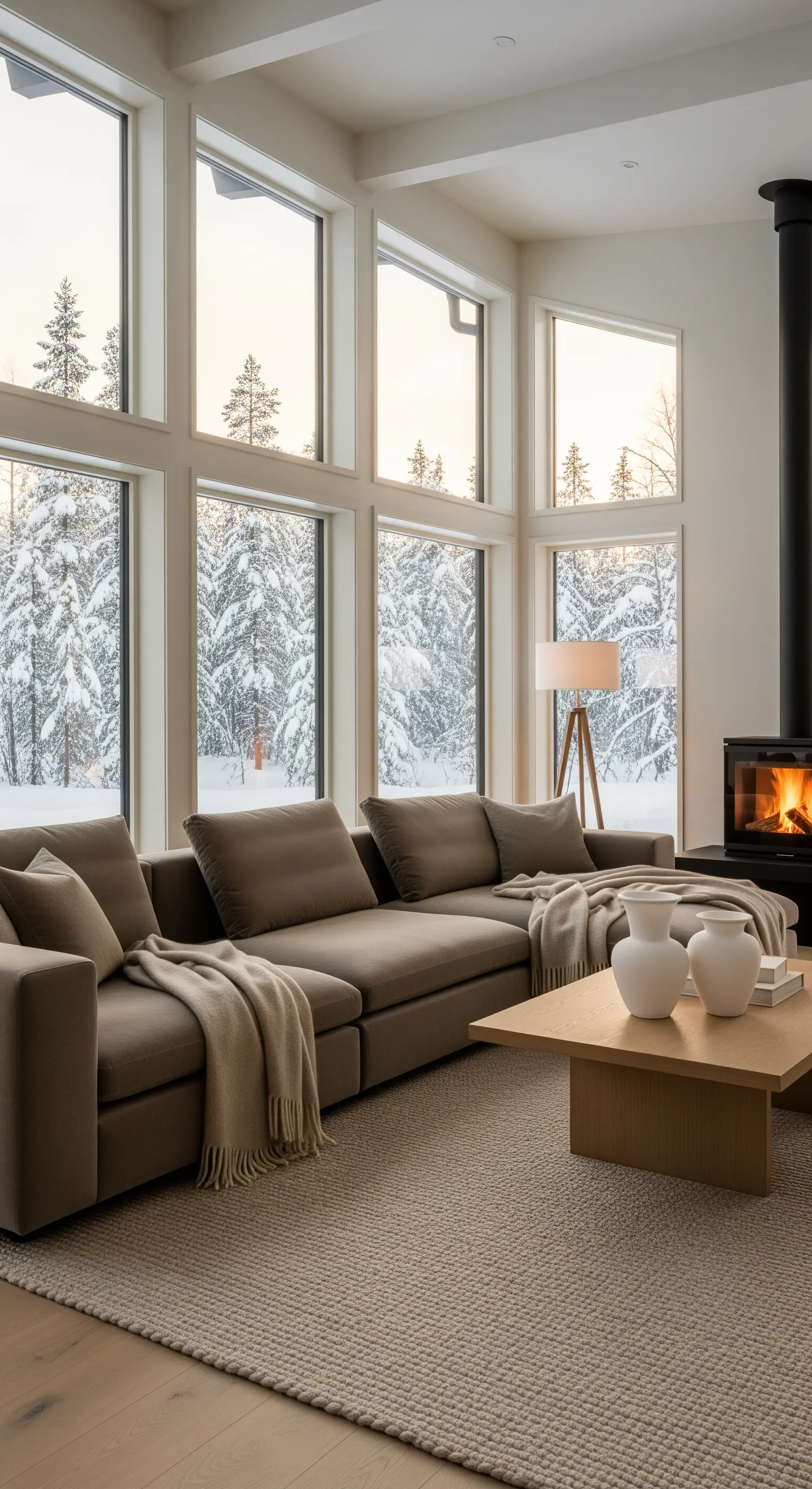 Wohnzimmer mit großen Fenstern, Kamin und schneebedeckter Landschaft