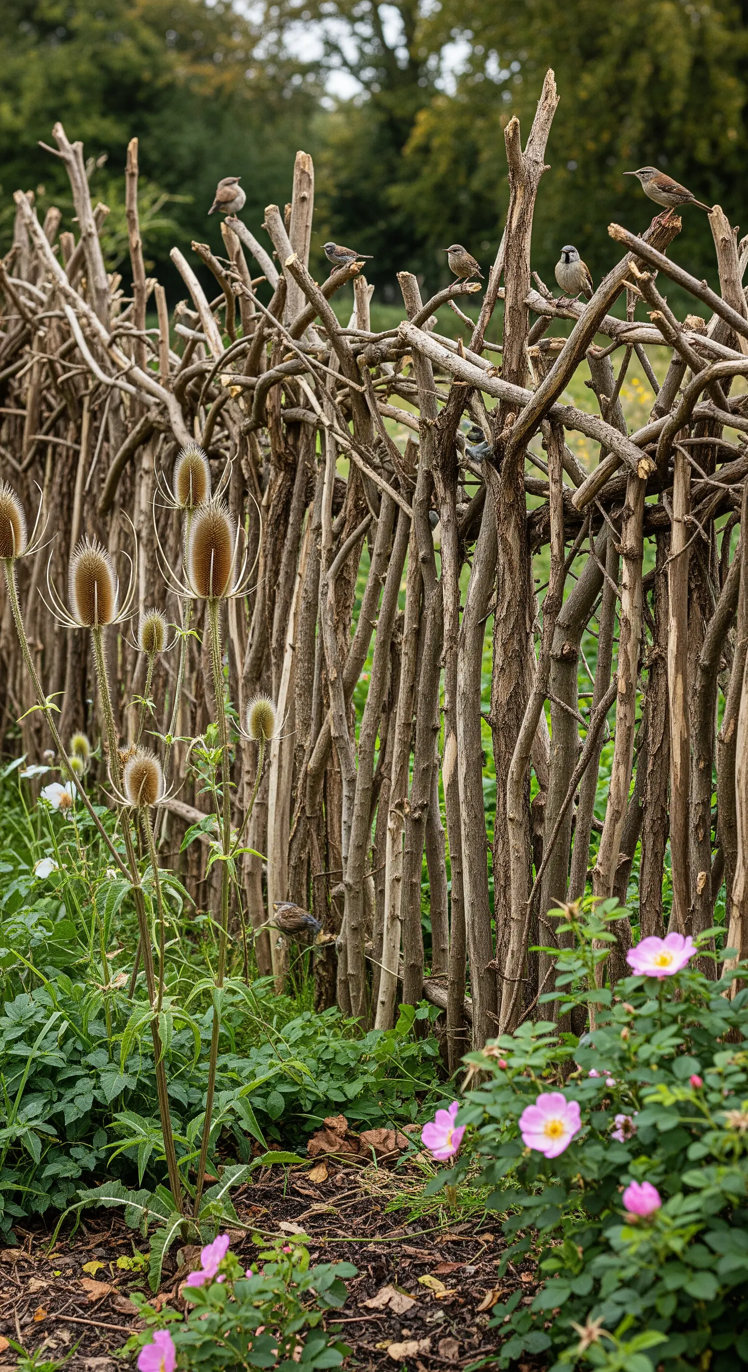 Astzaun mit getrockneten Disteln und pinken Wildblumen