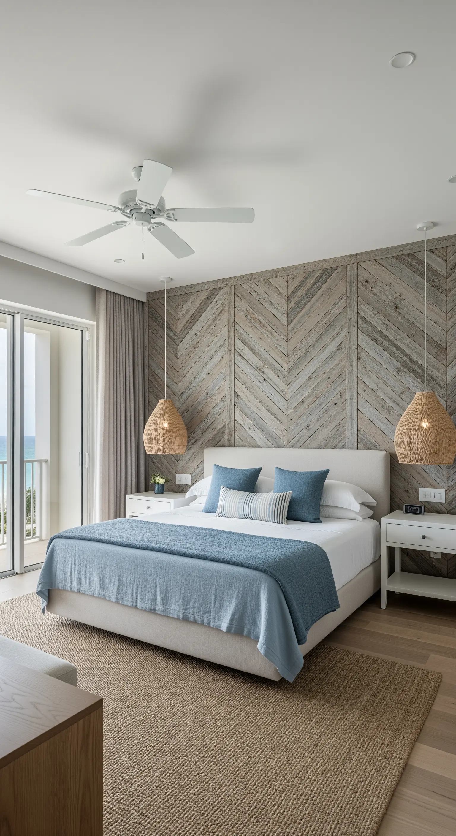 Wandverkleidung aus Altholz im Fischgrätenmuster für ein Schlafzimmer im entspannten Coastal-Stil.