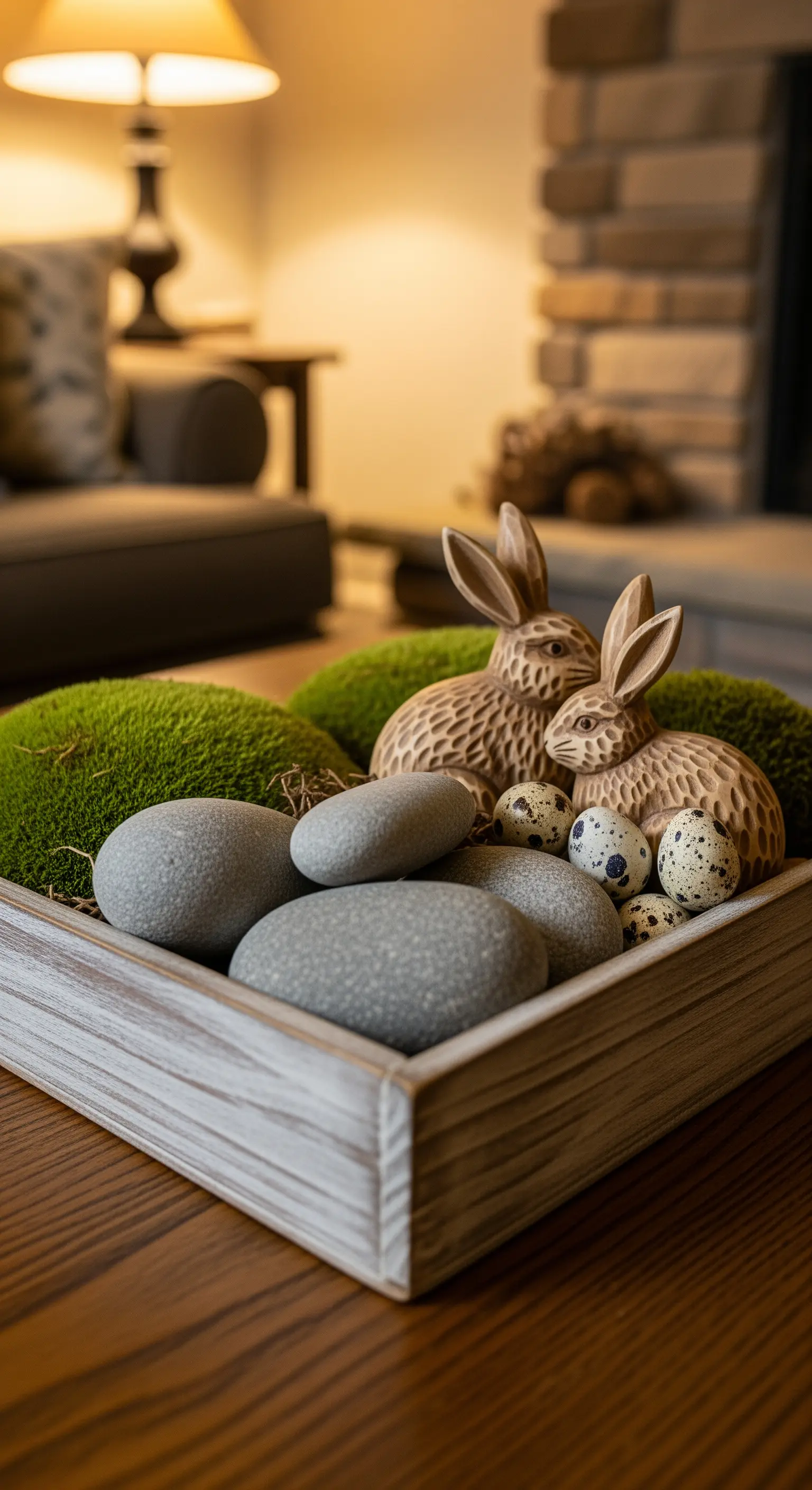 Couchtisch mit Holztablett, Moos, Kieselsteinen, Holzhasen und Wachteleiern.