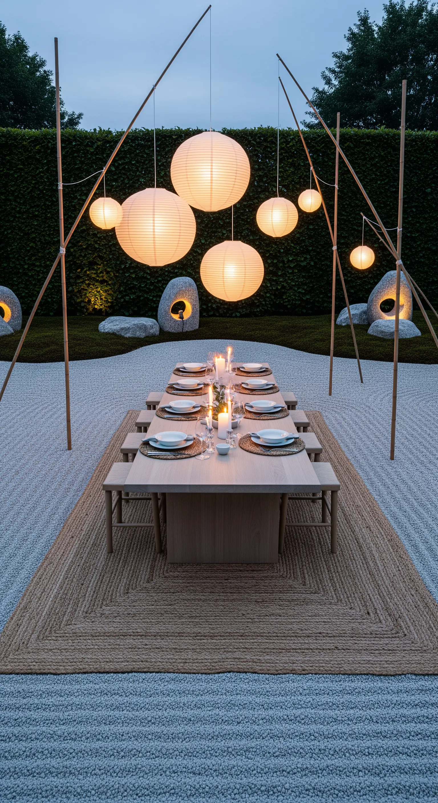 Jute-Teppich, Bambusgestell, Papierlaternen, Japandi Garten