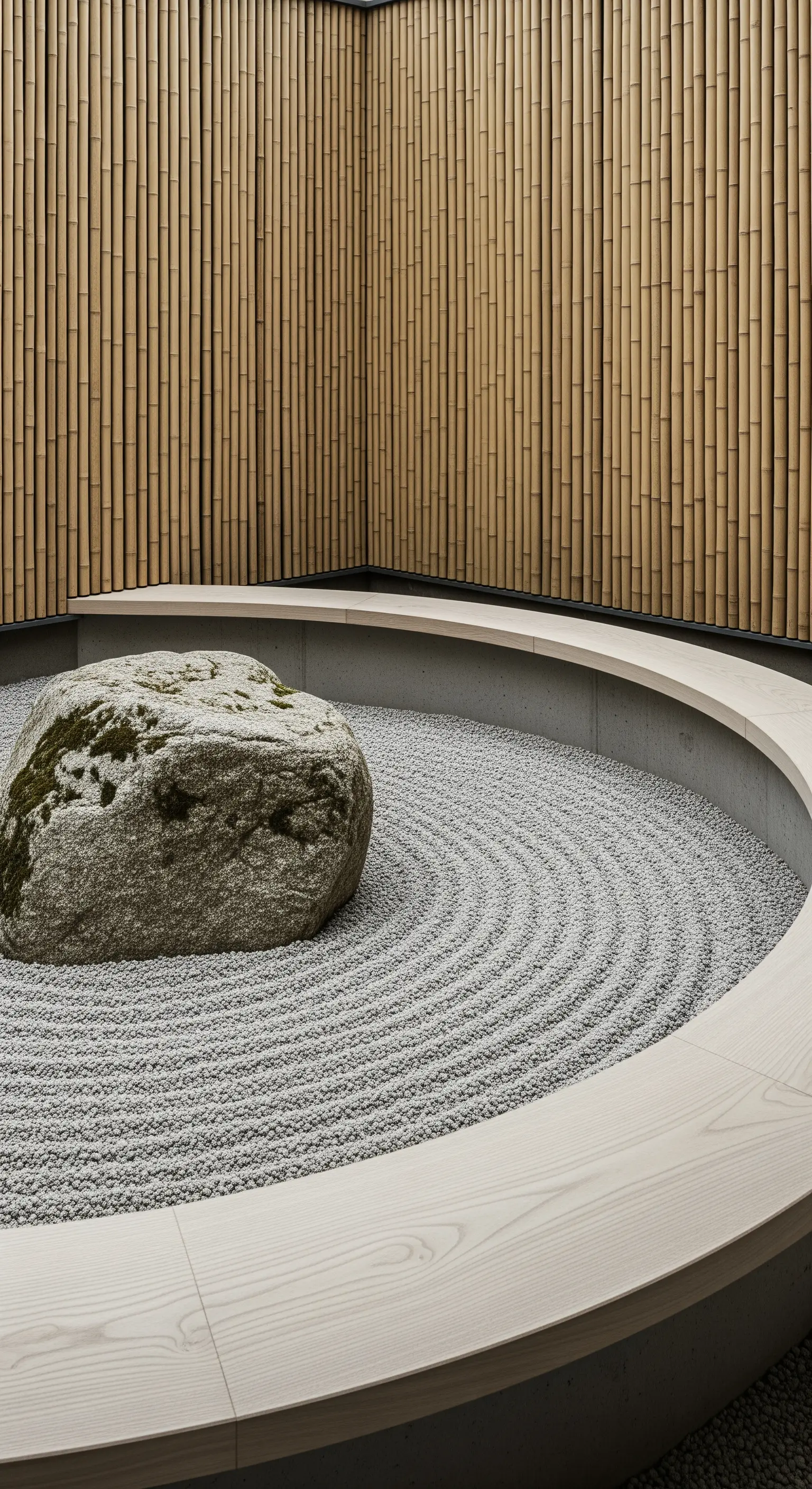 Zen-Garten mit großem Stein, geschwungener Holzbank und Kiesmuster