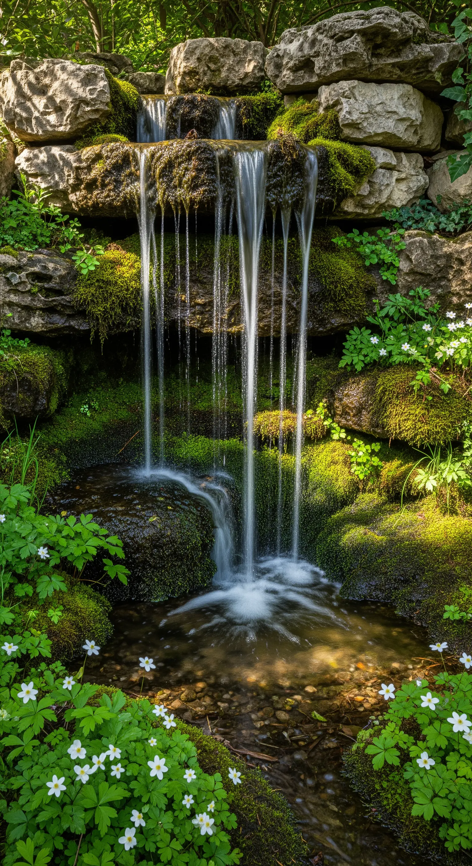 Kleiner natürlicher Wasserfall über moosbewachsenen Felsen mit weißen Blüten