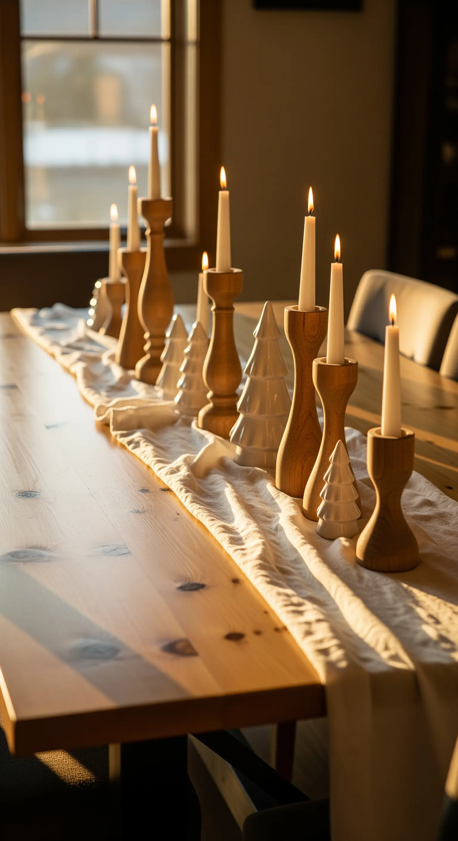 Tischdeko mit hohen Holzkerzenständern und weißen Keramik-Tannenbäumen auf einem Holztisch