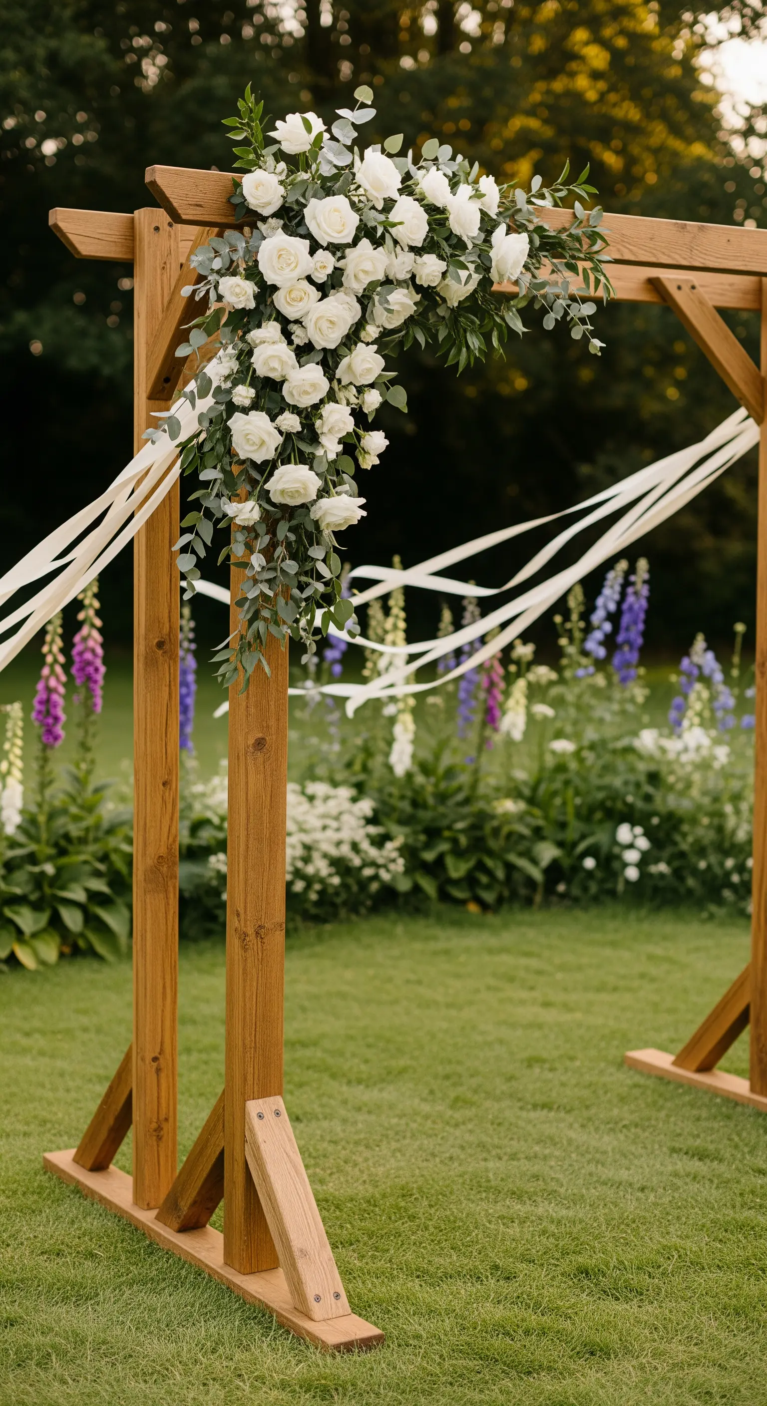 Holzrahmen dekoriert mit weißen Rosen, Eukalyptus und herabhängenden Bändern für einen frischen Look.
