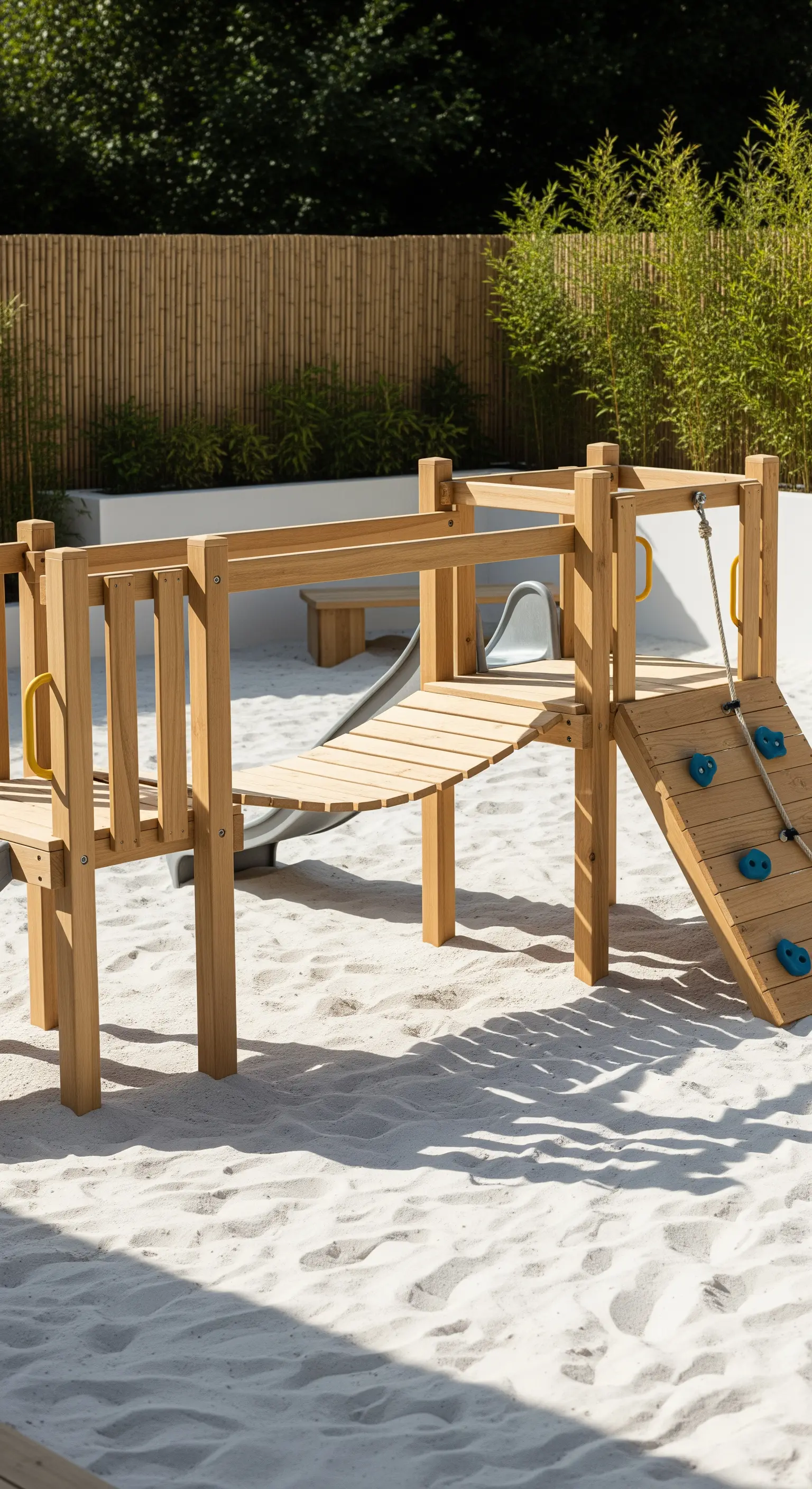 Japandi Holzspielplatz im Sandbett mit Bambuszaun