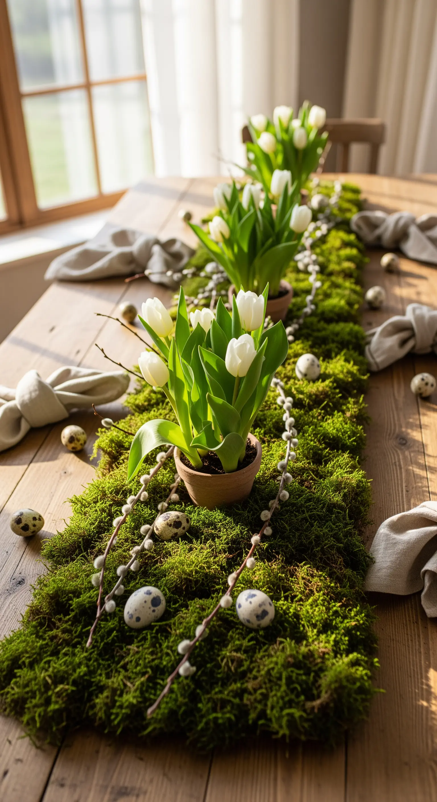 Moos-Tischläufer mit weißen Tulpen und Weidenkätzchen