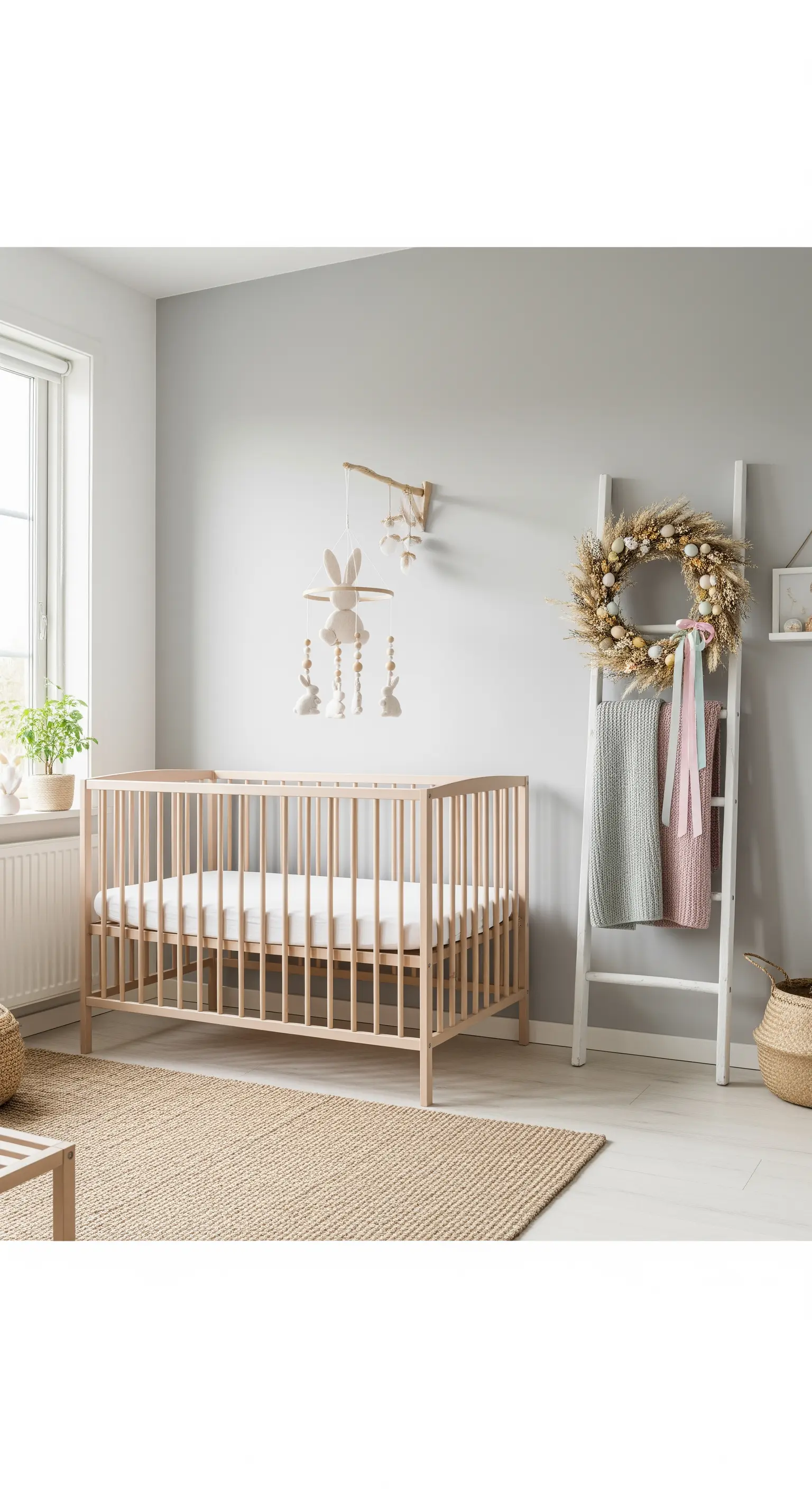 Osterkranz aus Naturmaterialien, Baby Mobile mit Hasen im Kinderzimmer.