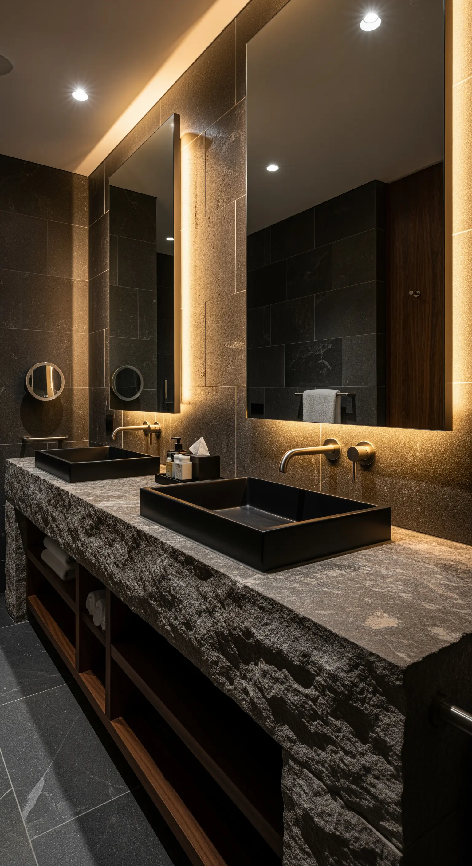 Doppelwaschtisch aus massivem Rohstein in einem dunklen Bad mit indirekter Beleuchtung