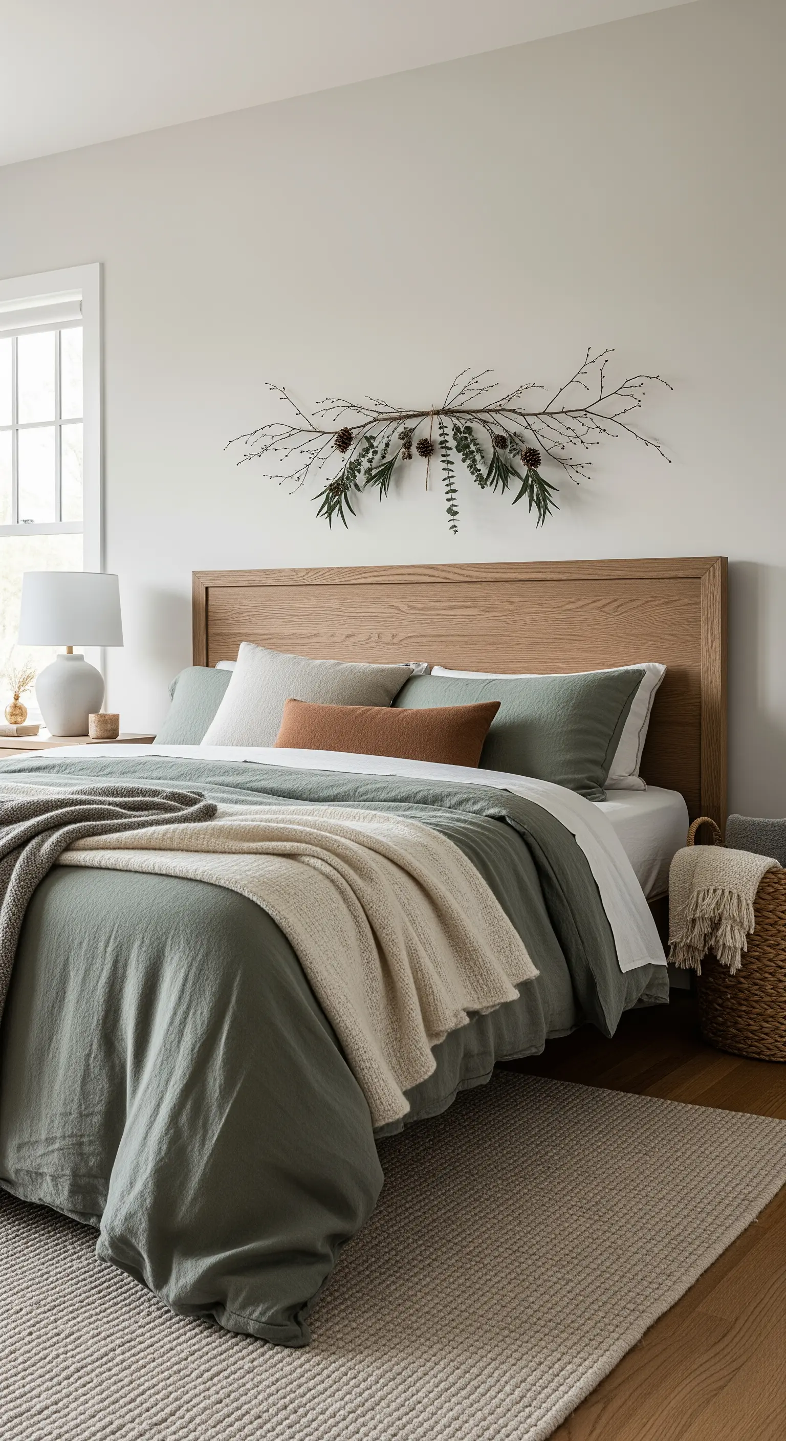 Wandkranz aus Ästen und Grünzeug mit kleinen Tannenzapfen über einem Holzbettkopfteil