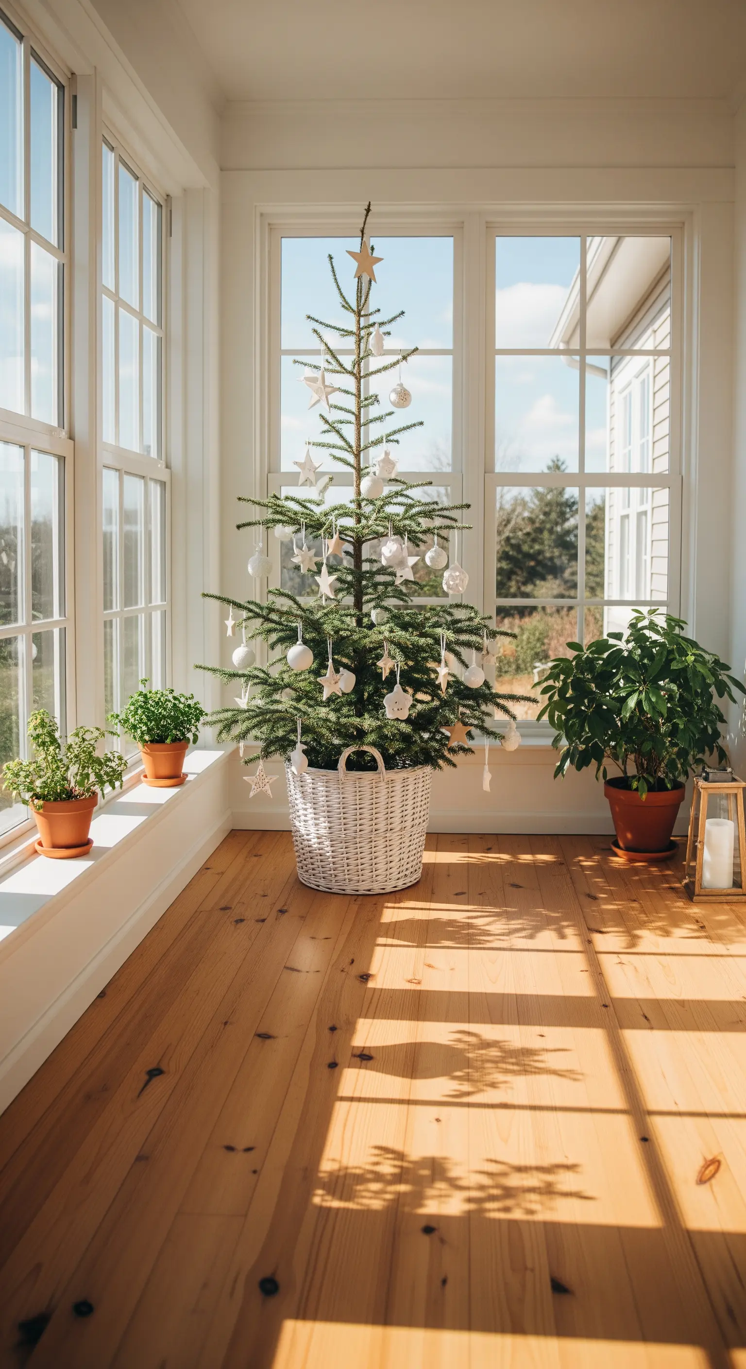 Kleiner Weihnachtsbaum in weißem Korb vor großem Fenster, minimalistisch dekoriert