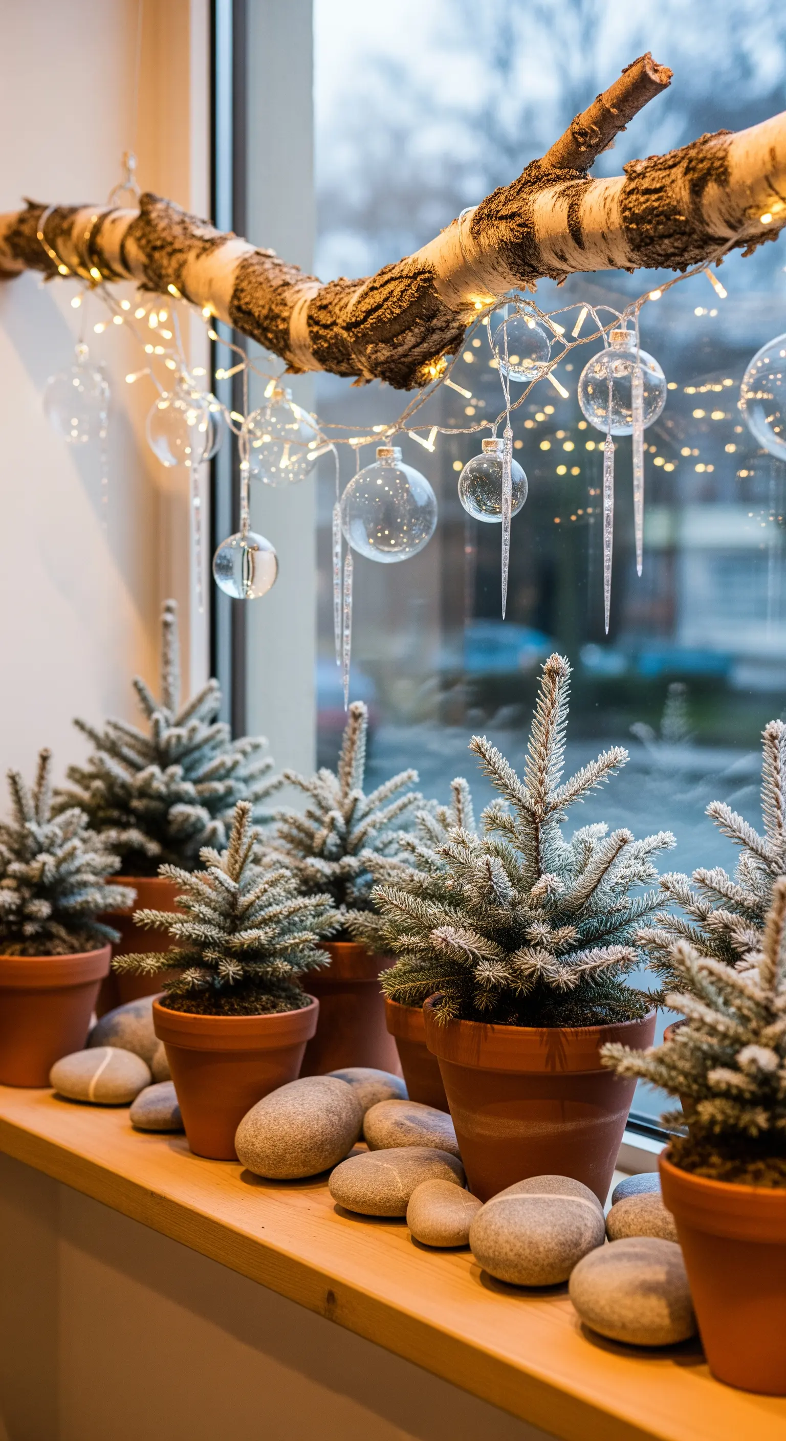 Birkenast mit Lichterketten, Glaskugeln und Eiszapfen im Fenster, darunter kleine Fichtenbäumchen und Kieselsteine