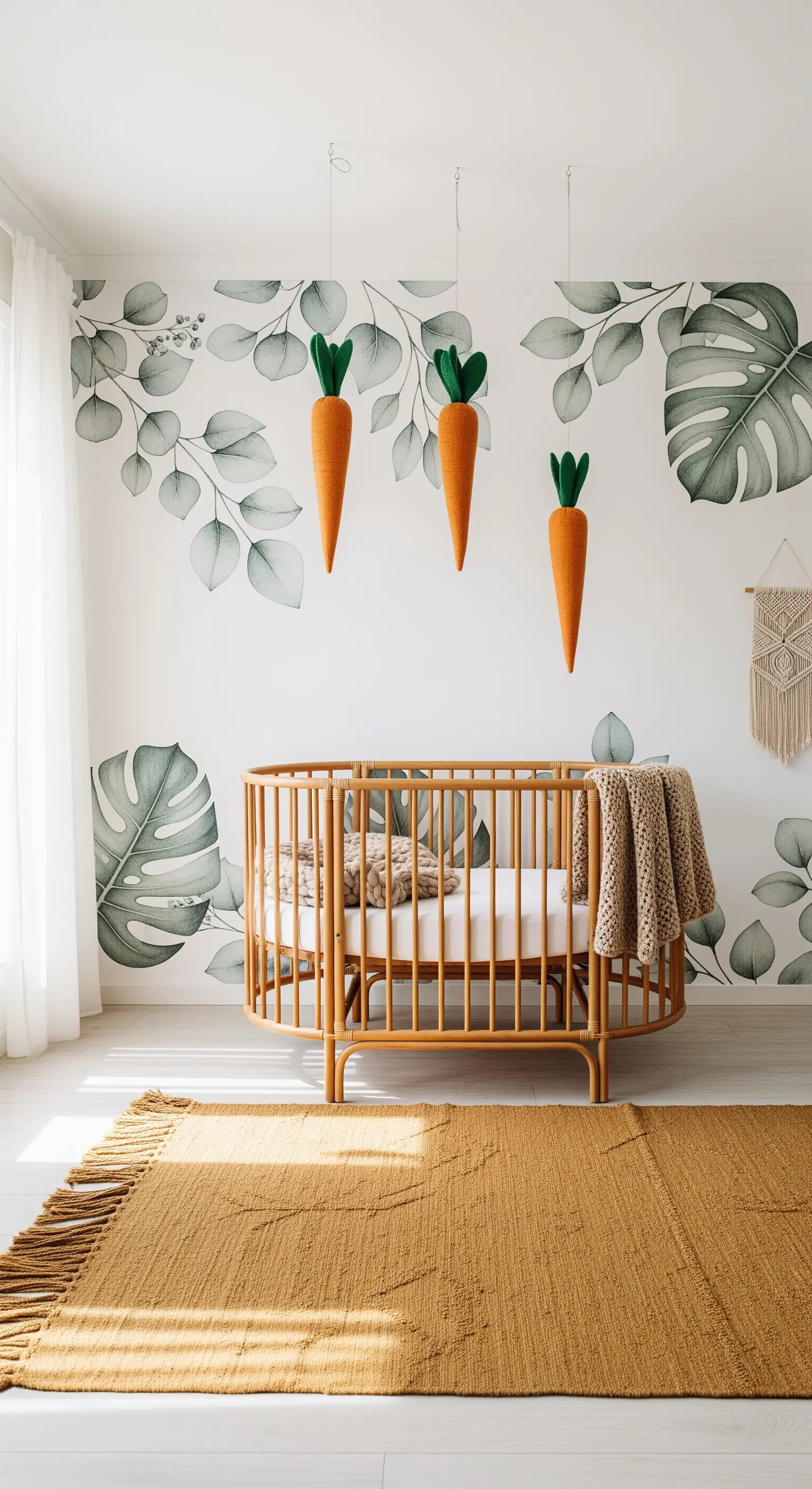 Nursery with leaf mural, crib, and hanging felt carrots as decor.