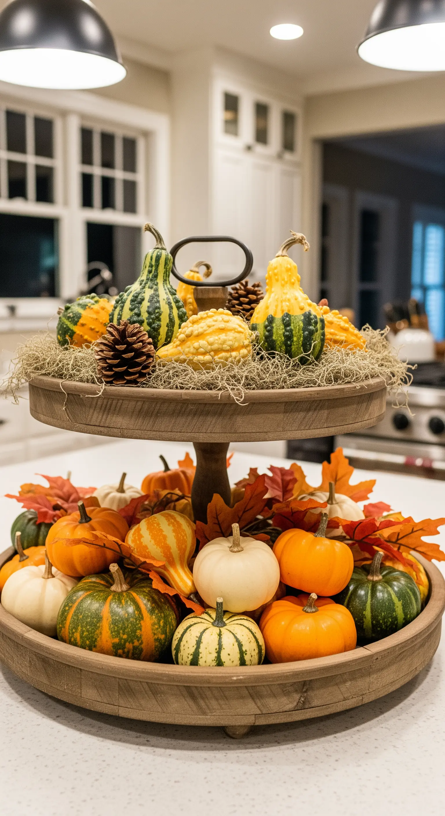 Holz-Etagere überladen mit Zierkürbissen, Moos und Herbstblättern