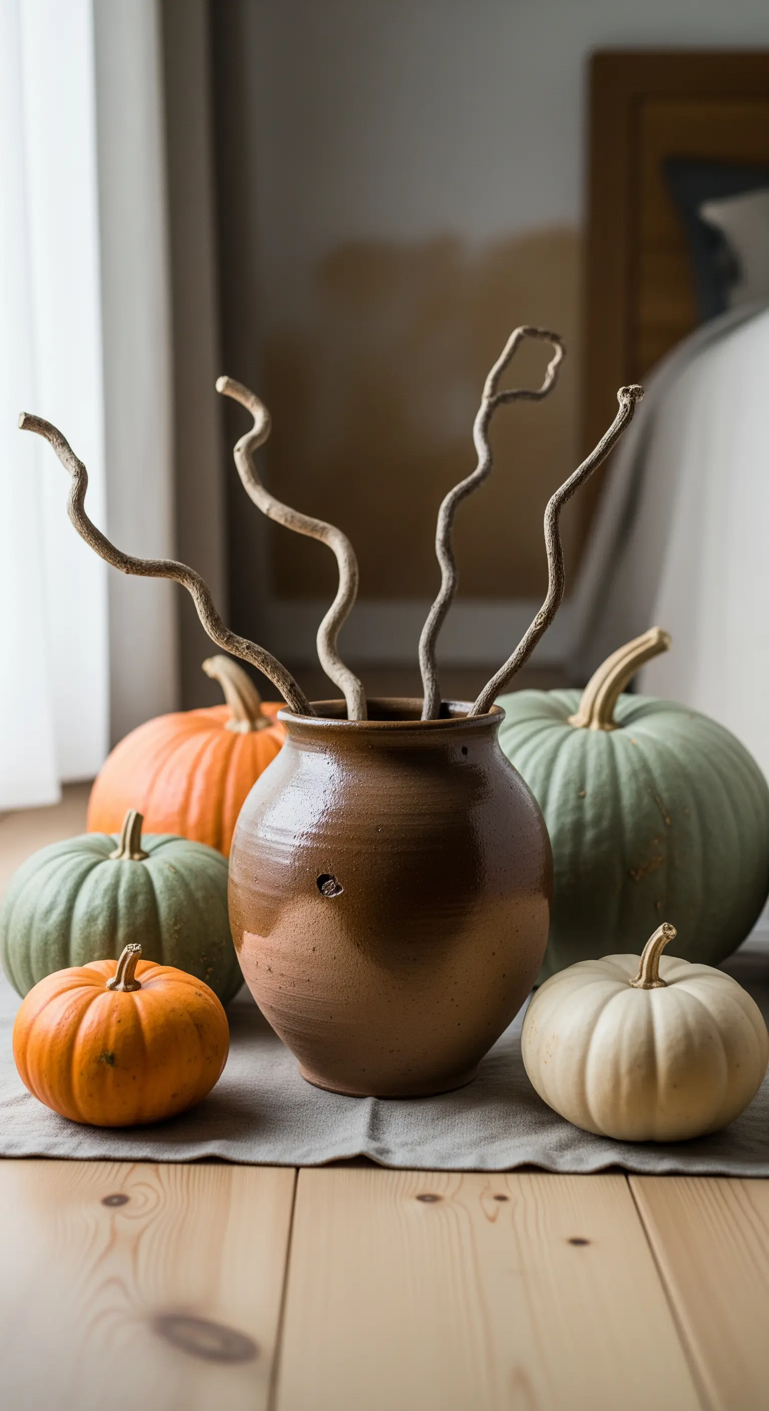 Rustikales Gefäß mit gewundenen Ästen und Zierkürbissen auf Holzoberfläche