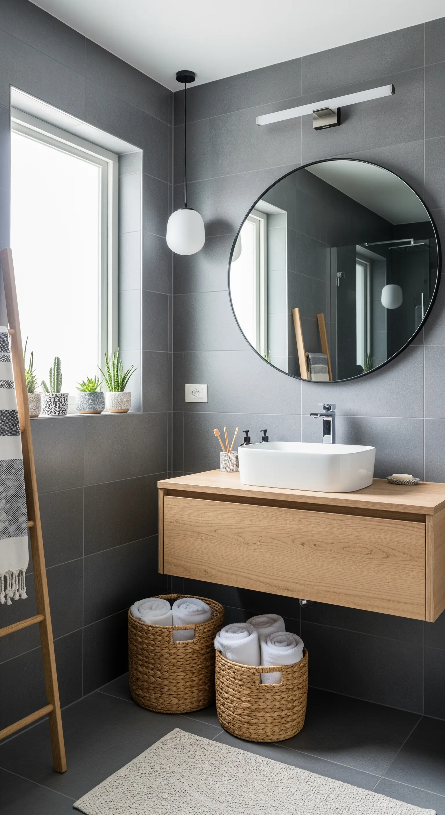 Modernes Badezimmer mit grauen Fliesen, Waschtisch aus Holz und geflochtenen Körben.