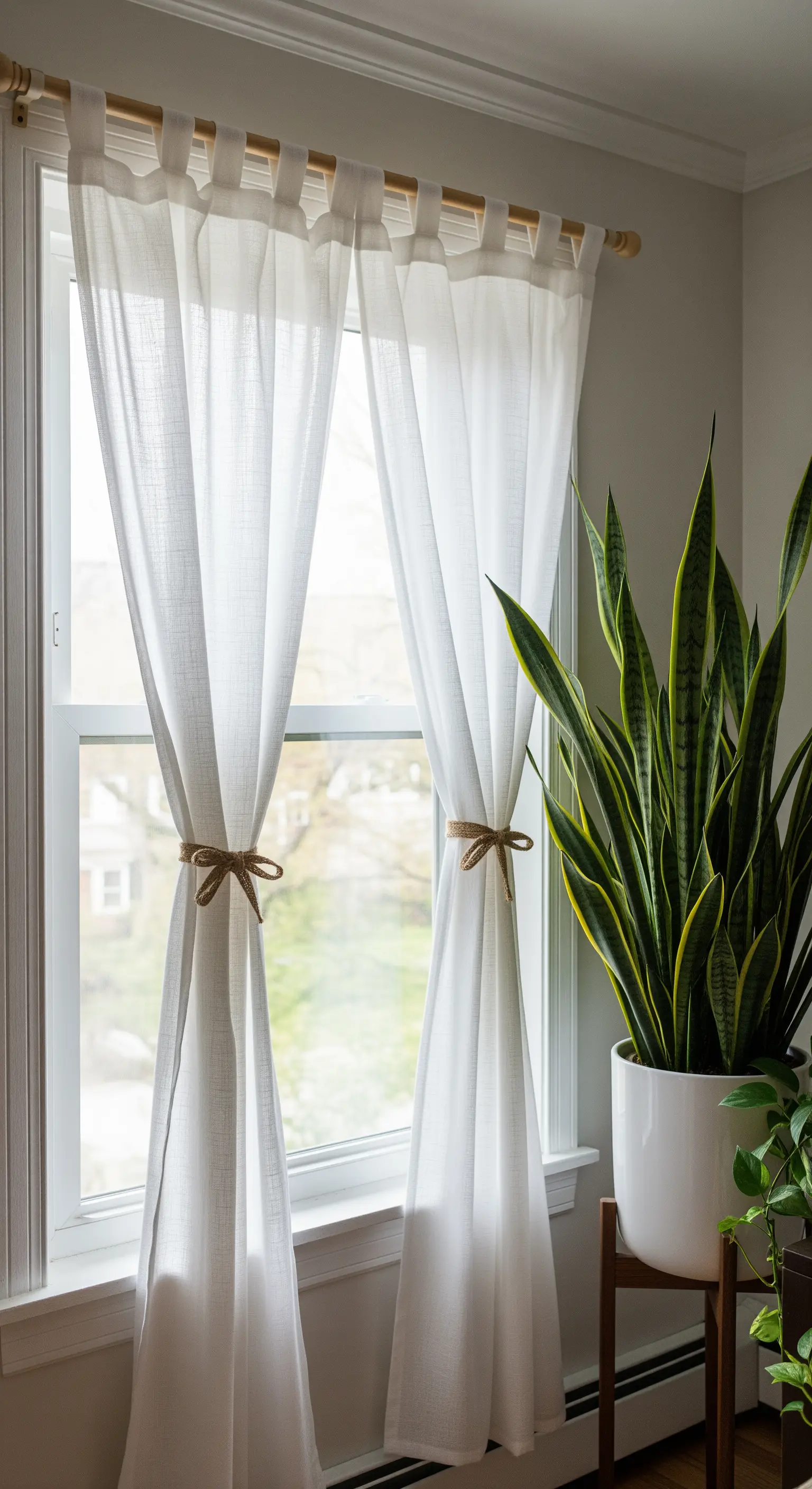 Weiße, durchsichtige Vorhänge an einem Fenster, die mit Juteseilen zur Seite gebunden sind.
