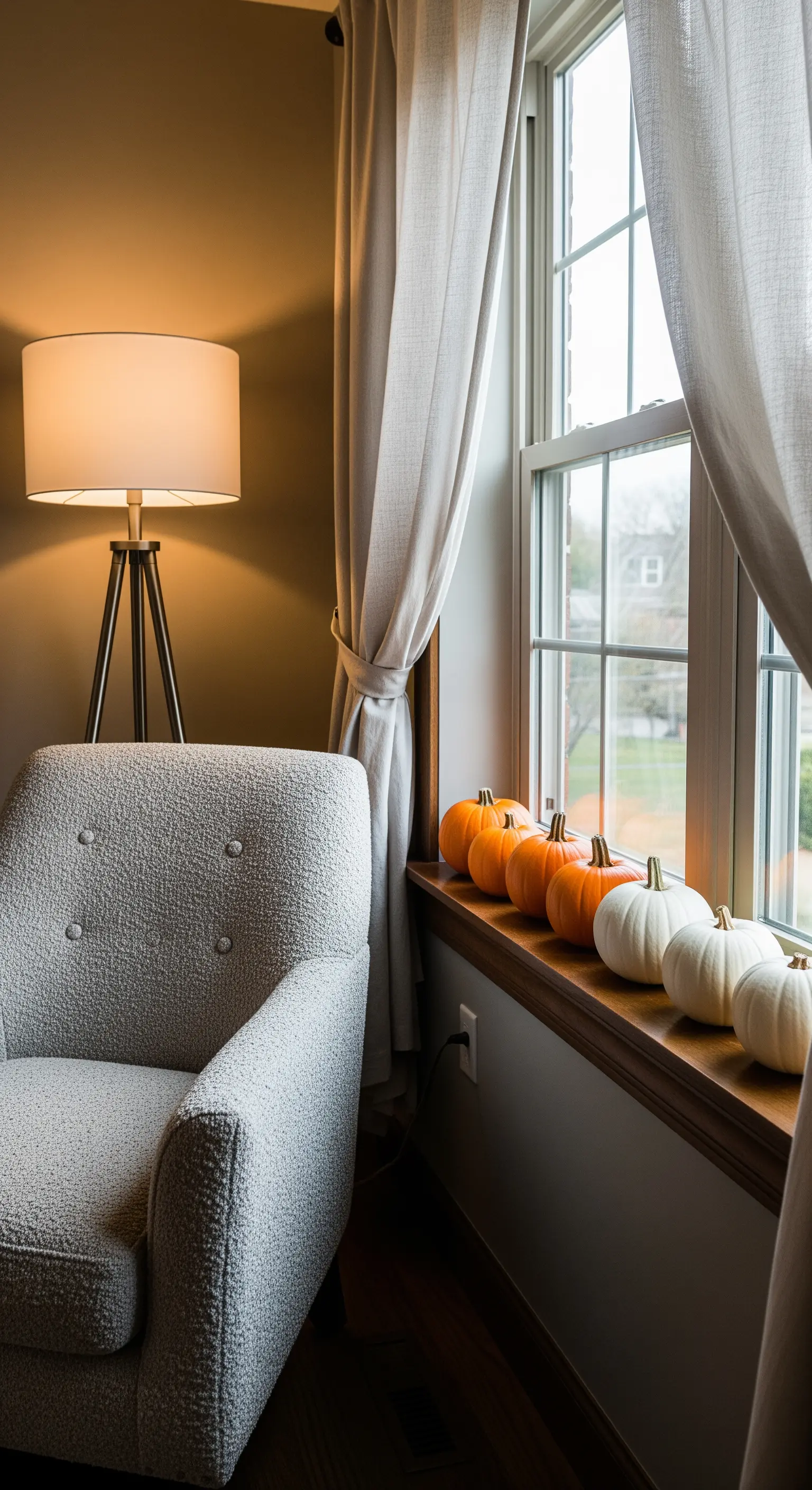 Fensterbank mit orangefarbenen und weißen Kürbissen, umgeben von Vorhängen.