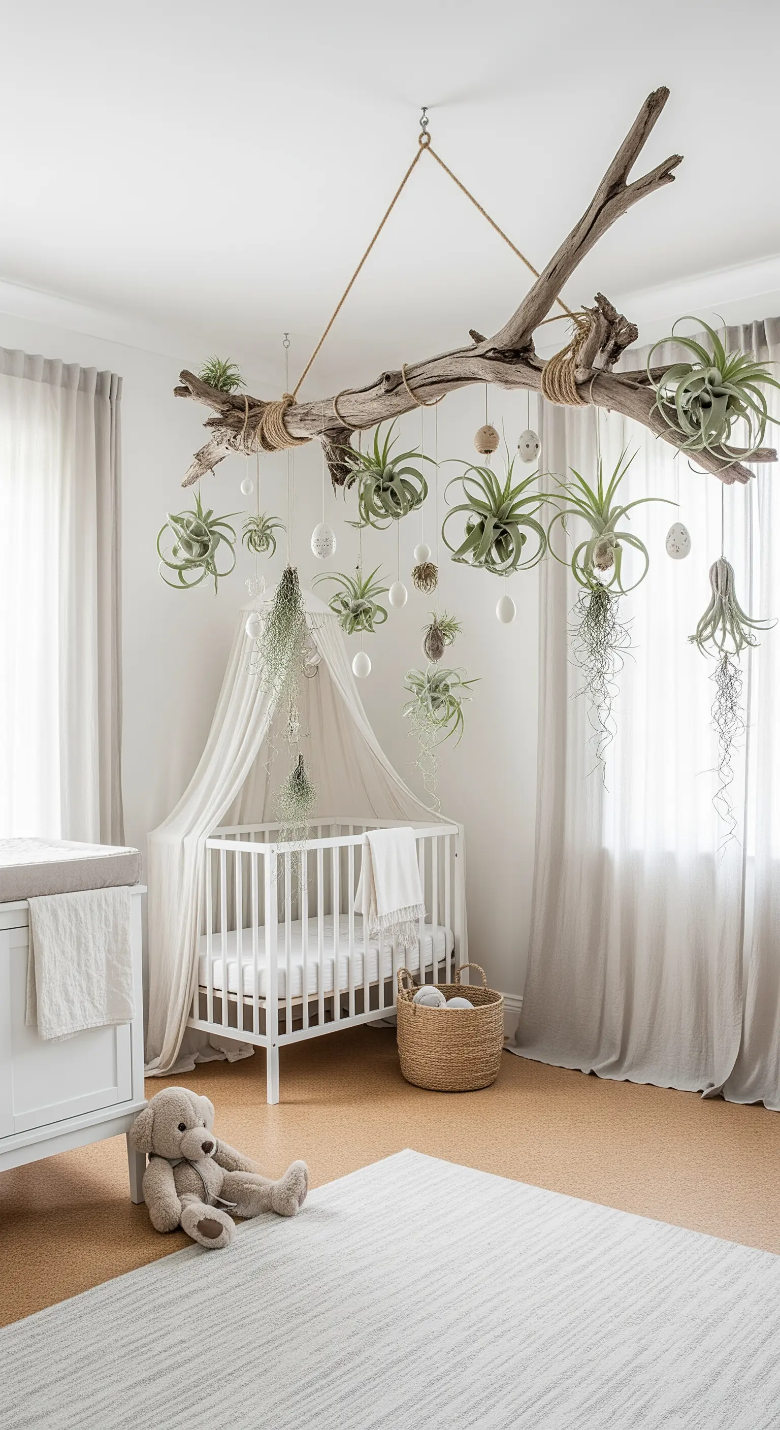 Kinderzimmer-Mobile aus Treibholz, Luftpflanzen und weißen Ostereiern