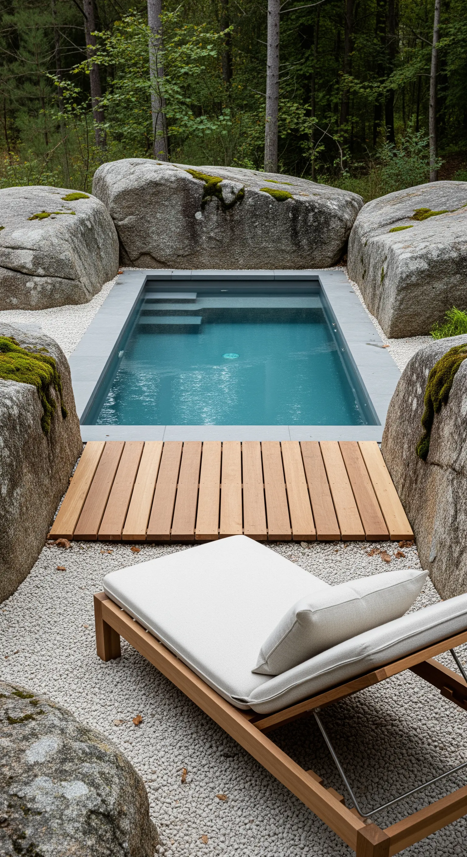 Plunge-Pool umgeben von Felsbrocken und Moos, Holzsteg, Chaiselongue auf Kies
