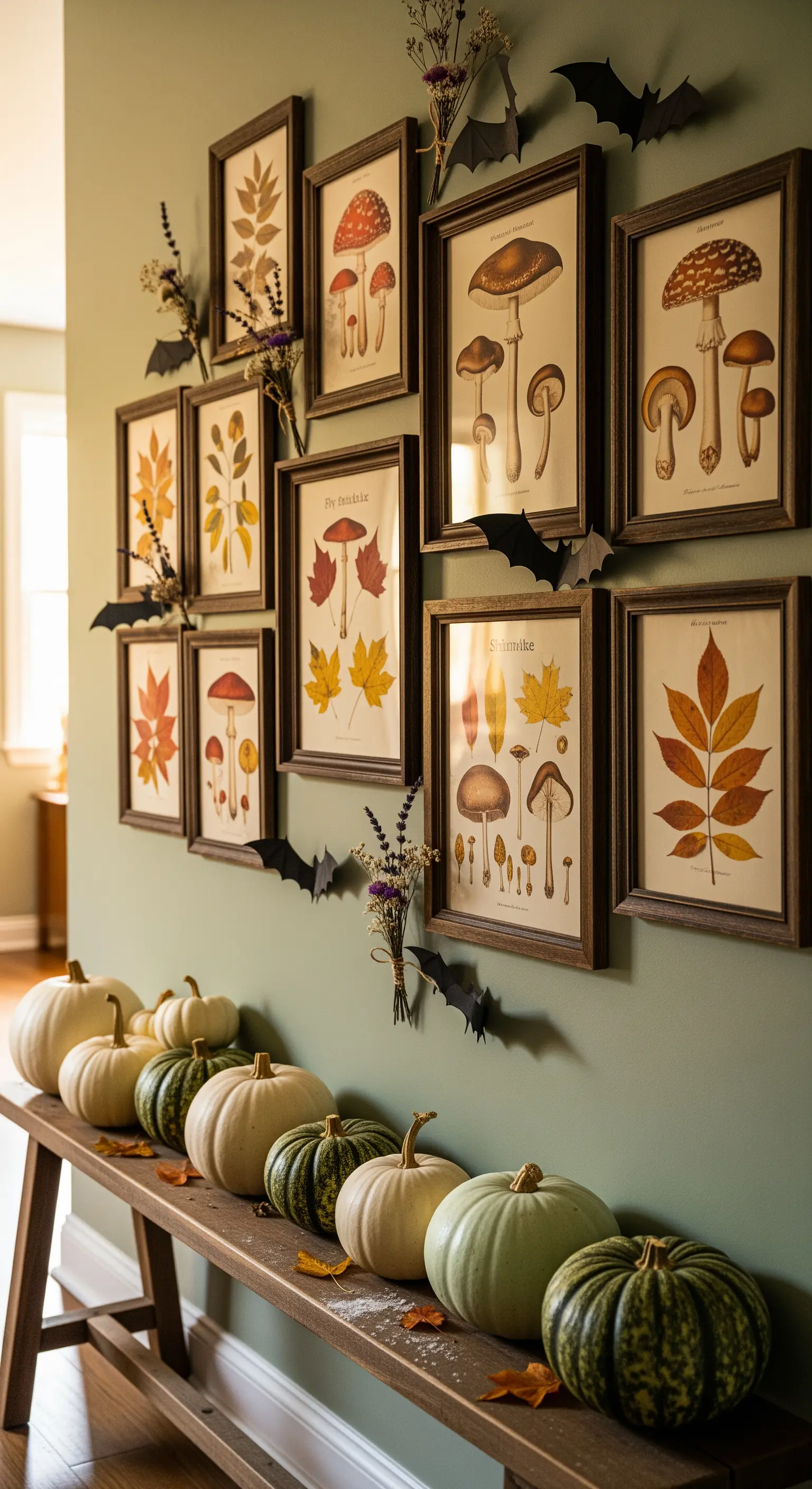Galeriewand mit Pilz- und Blattdrucken, Fledermäusen und Kürbissen auf Bank.