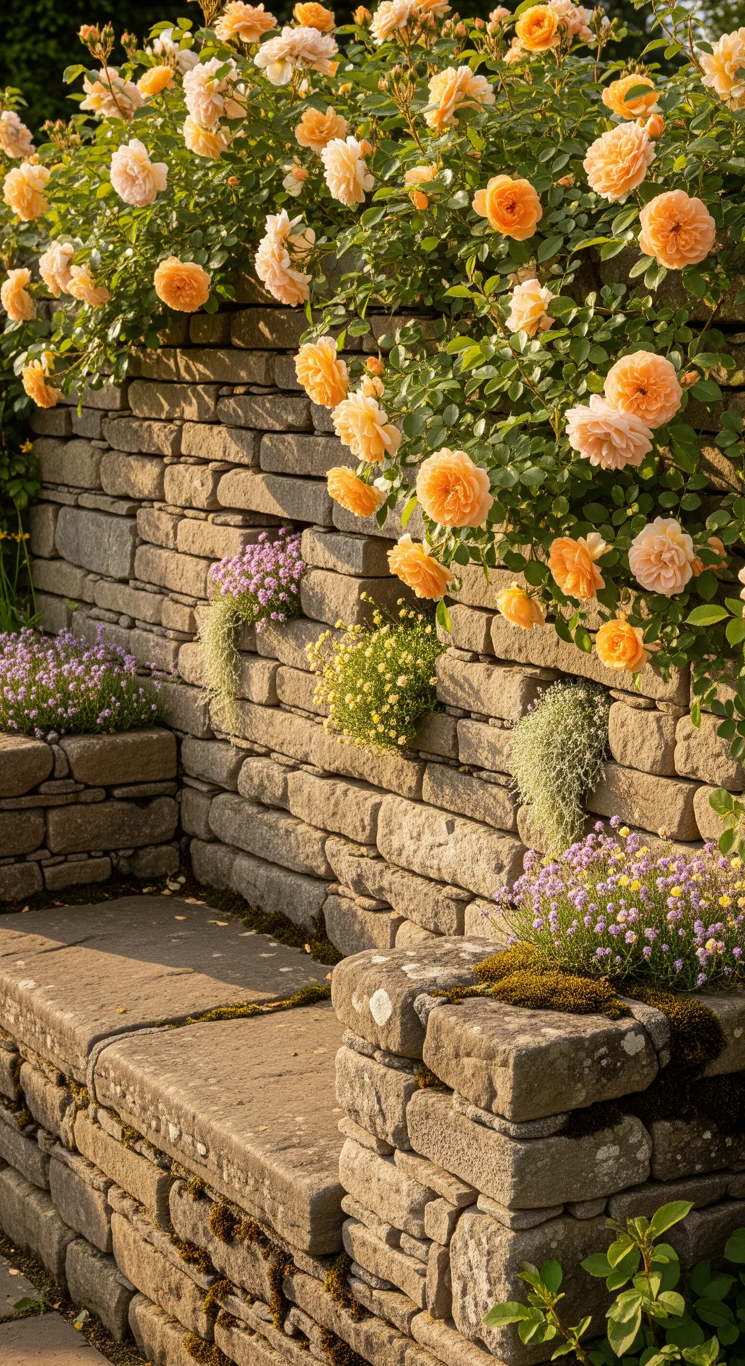 Natursteinbank mit orangen Kletterrosen an einer Steinmauer und kleinen Blumen