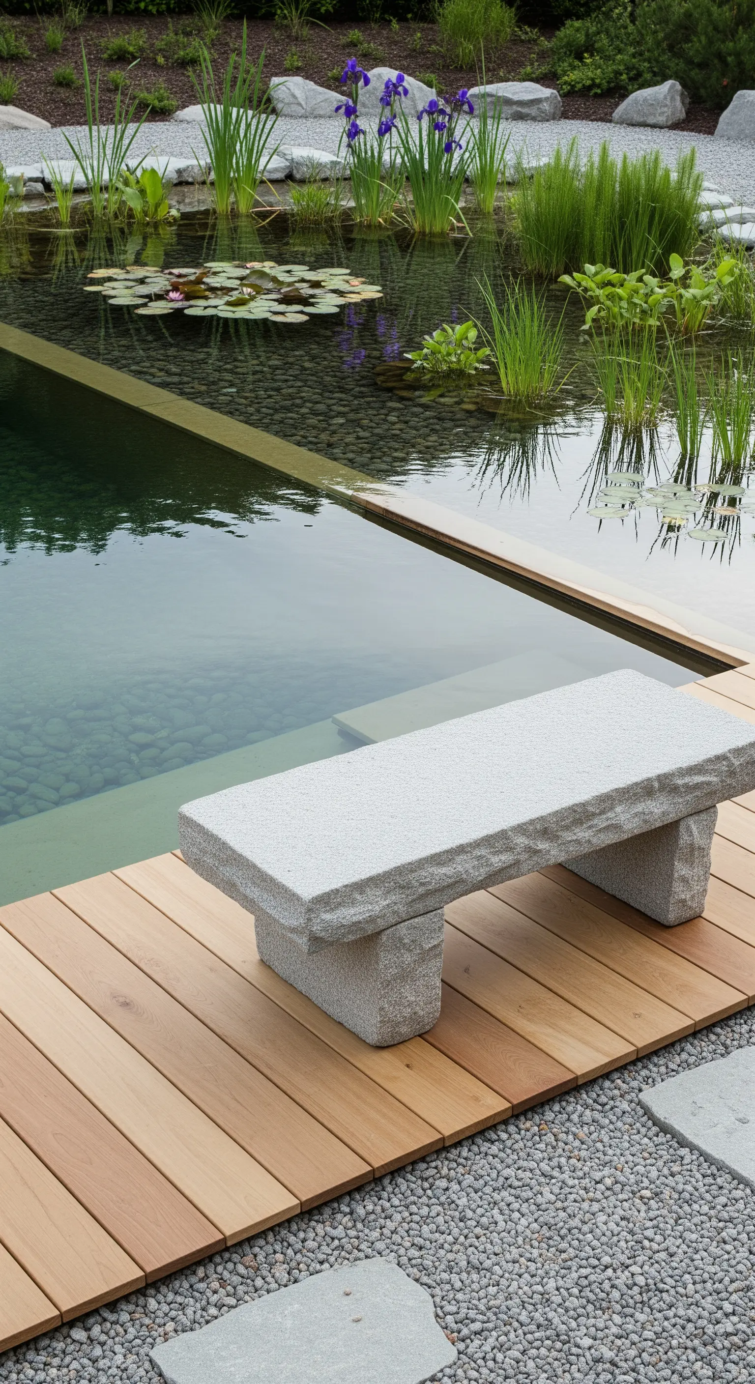 Naturteich-Pool mit Wasserpflanzen, Holzsteg und minimalistischer Steinbank