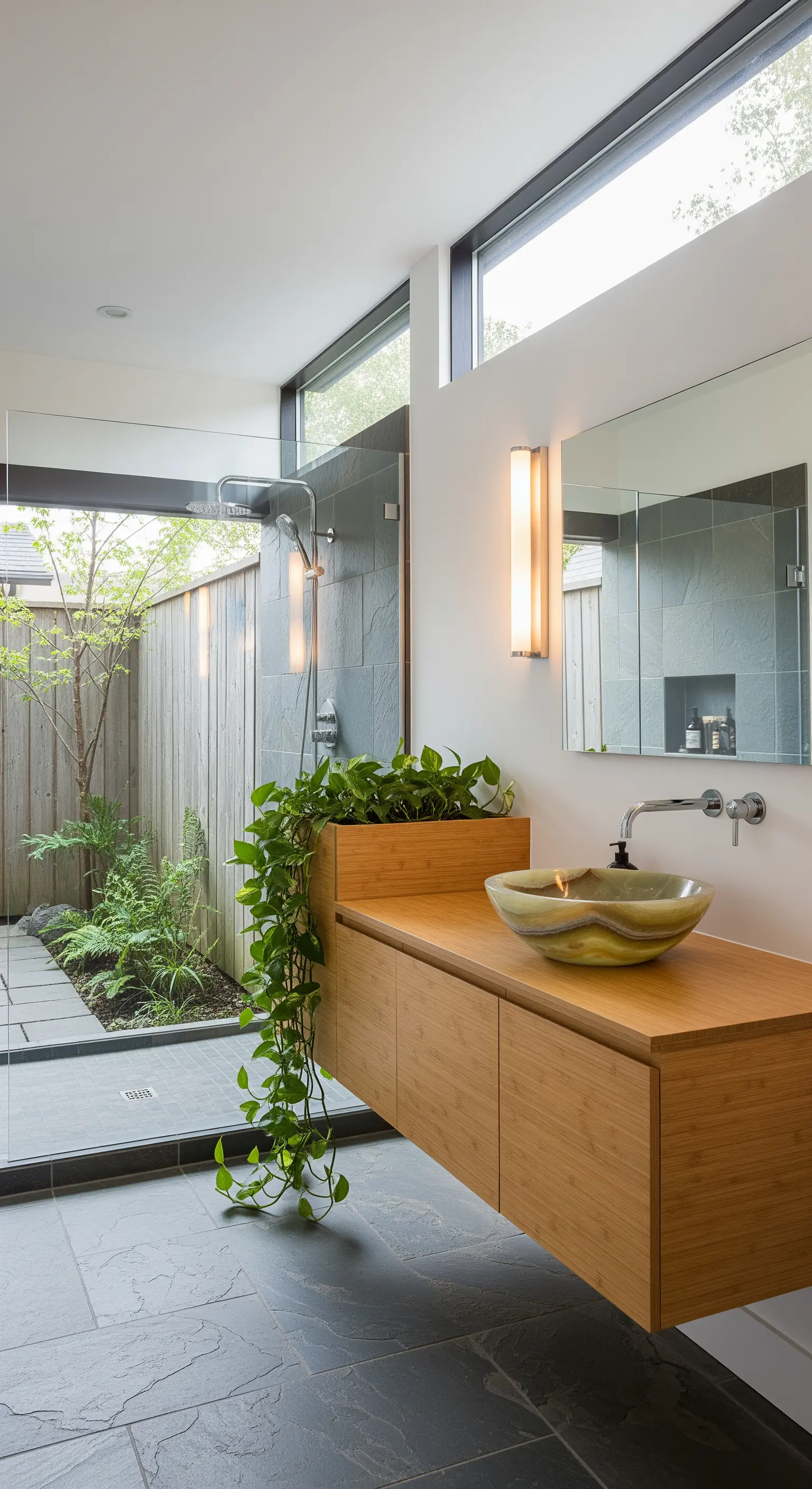 Bambus-Waschtisch mit integriertem Pflanzgefäß und Blick auf eine Außendusche.