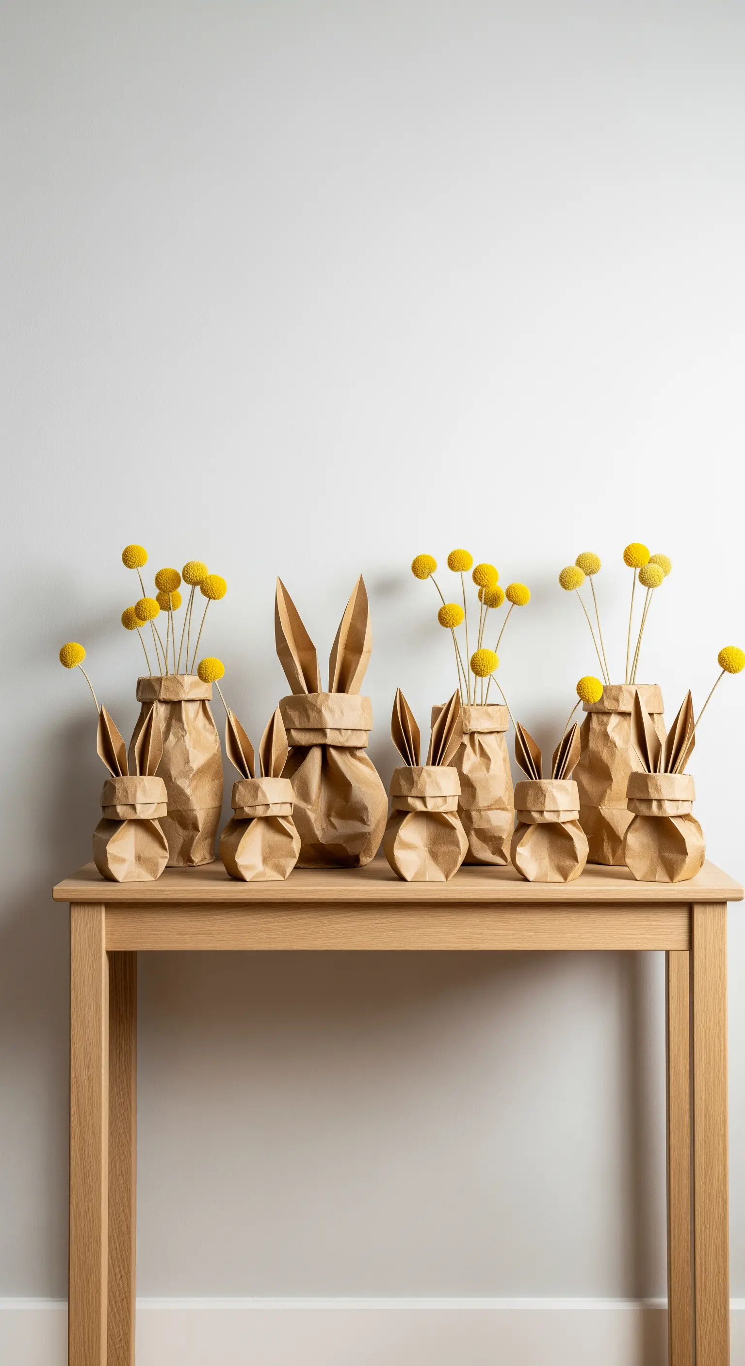 Regal mit Papiertüten-Hasen und gelben Craspedias in minimalistischer Anordnung